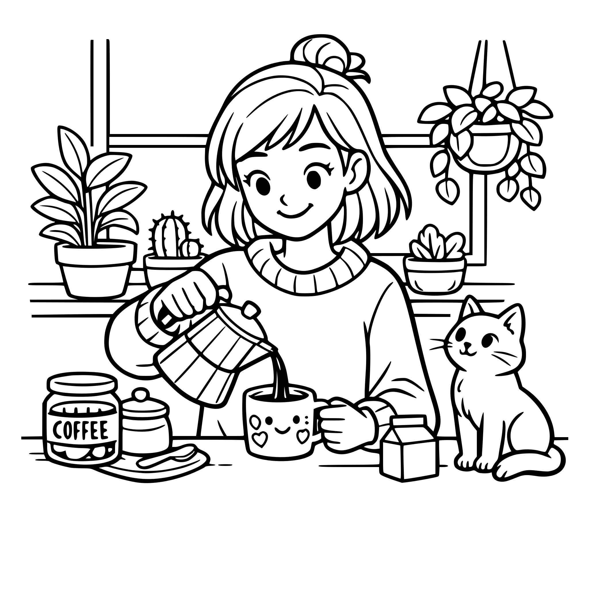 Cozy Kitchen Coffee — Young adult girl pouring coffee into a cute mug, plants on the windowsill, cat watching.