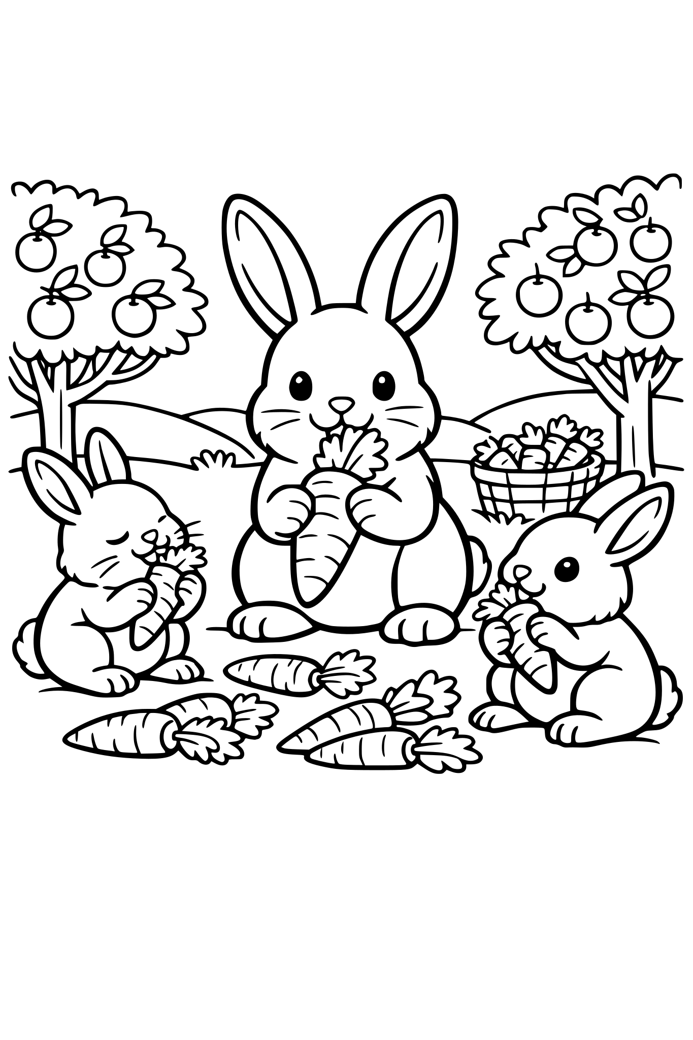bunnies eating carrots on a orchard