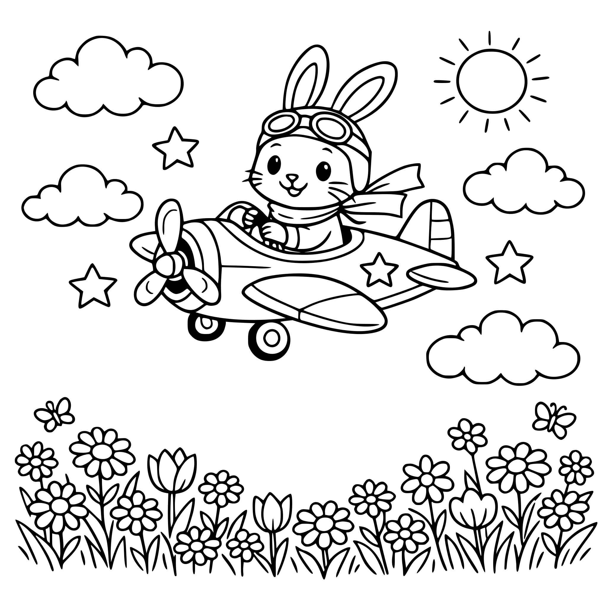a bunny flying a plane with the clouds and over a field of flowers