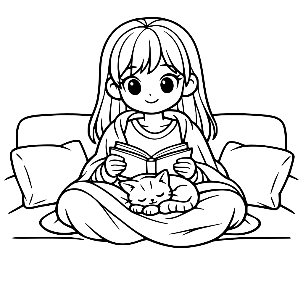uNE JEUNE FILLe assise en tailleur sur un canapé, couverte d'un plaid sur les genoux. tenant un livre entre ses mains. un petit chat qui dort sur ses genoux. l'image doit être cute