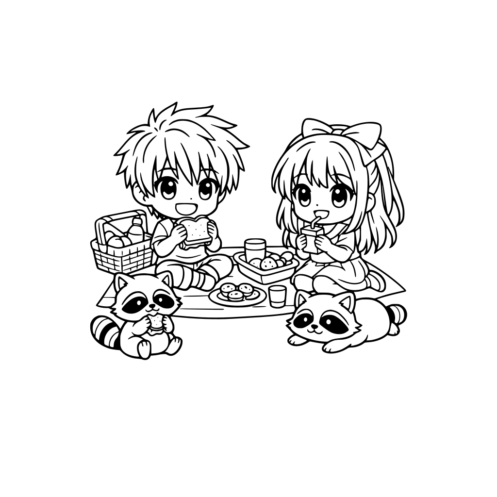 an anime chibi boy and girl having a picnic in the park with their pet racoons