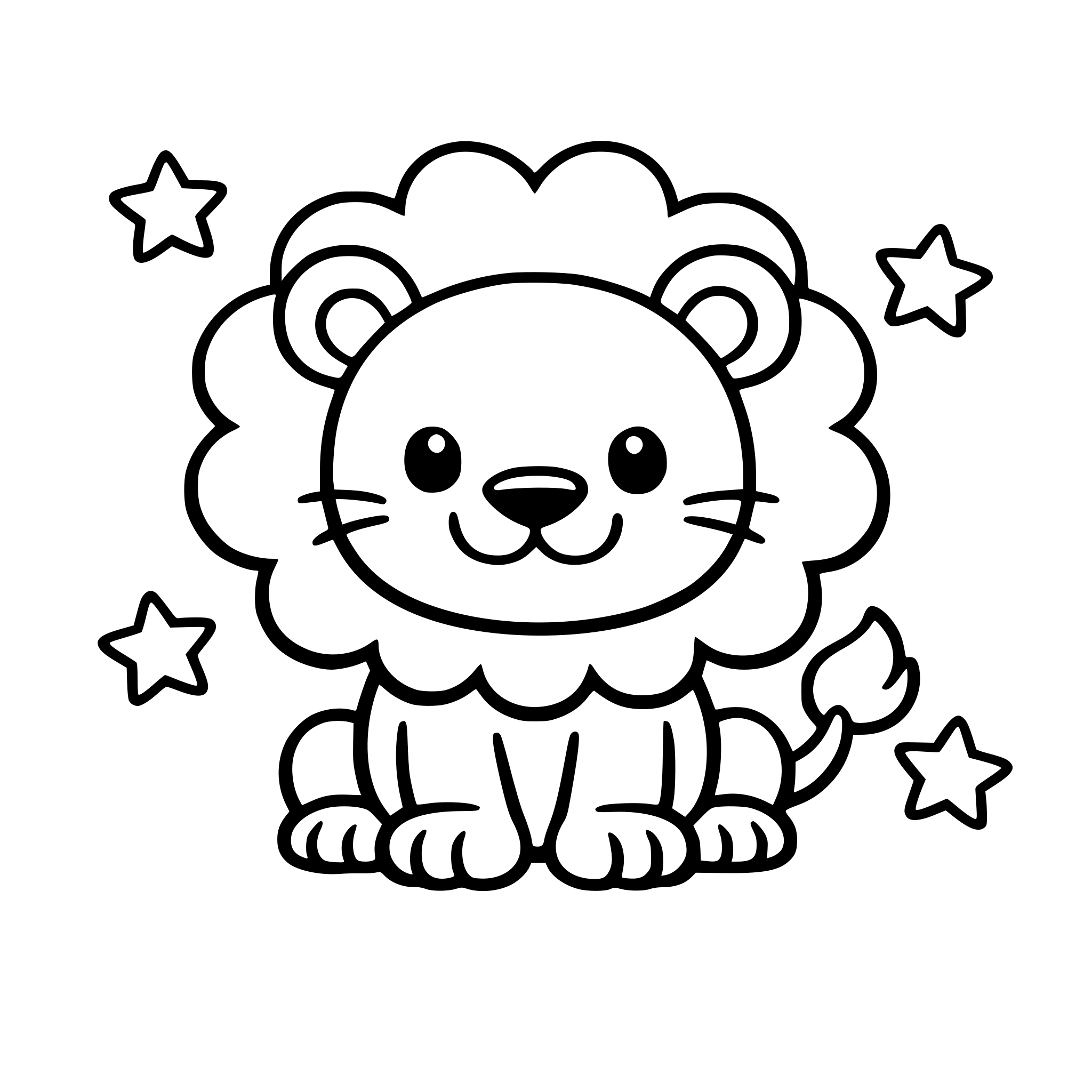 cute lion for kids coloring book, black and white line art, simple cartoon style, thick outlines, white background