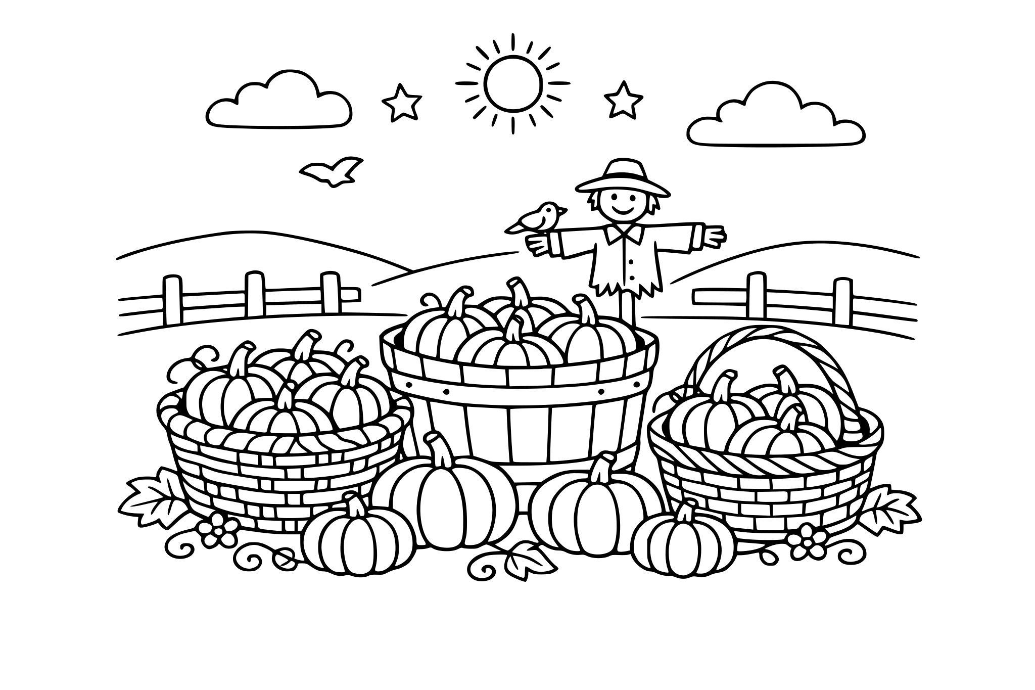 Pumpkin patch with baskets, minimalistic line.