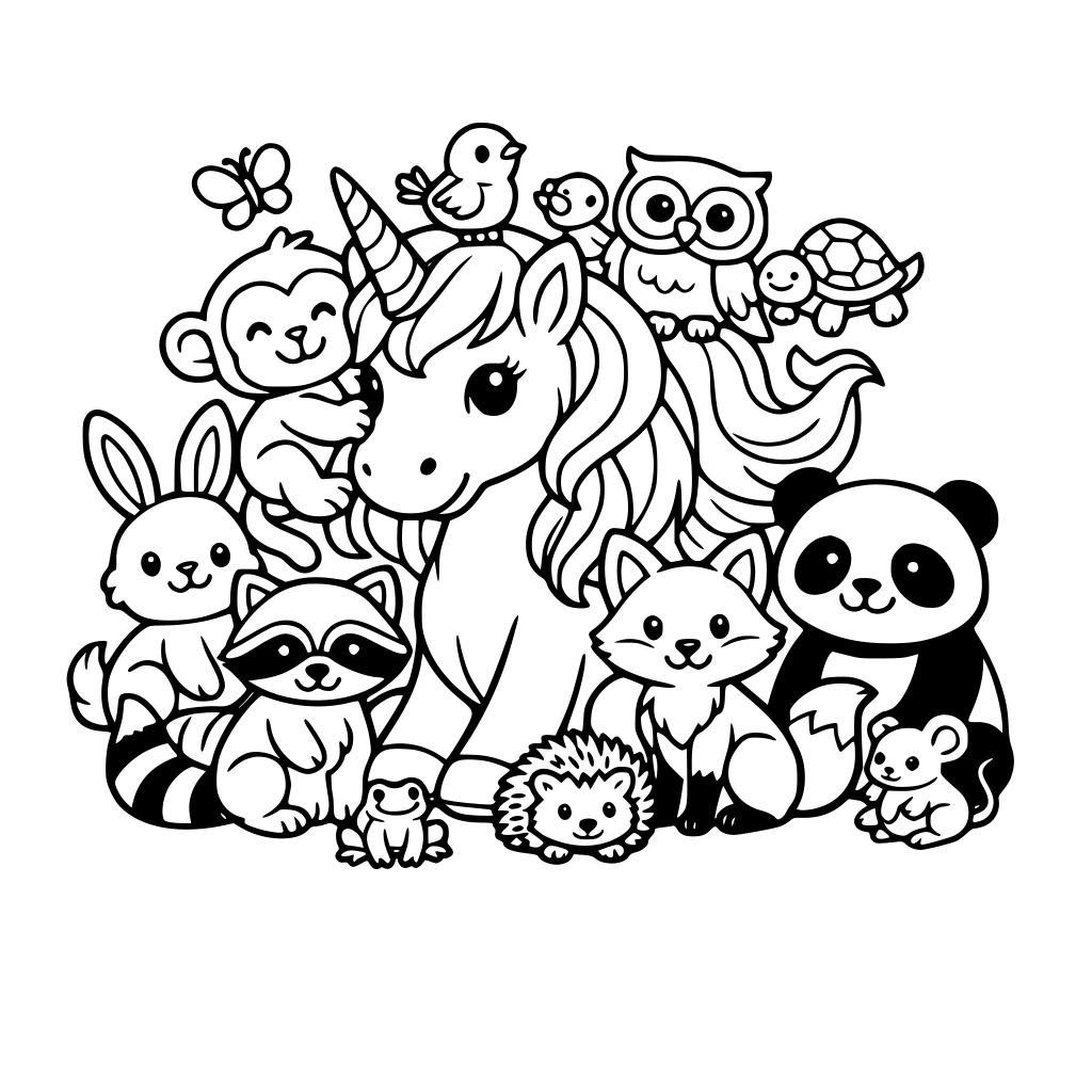 unicorn with a lots of different animals friends