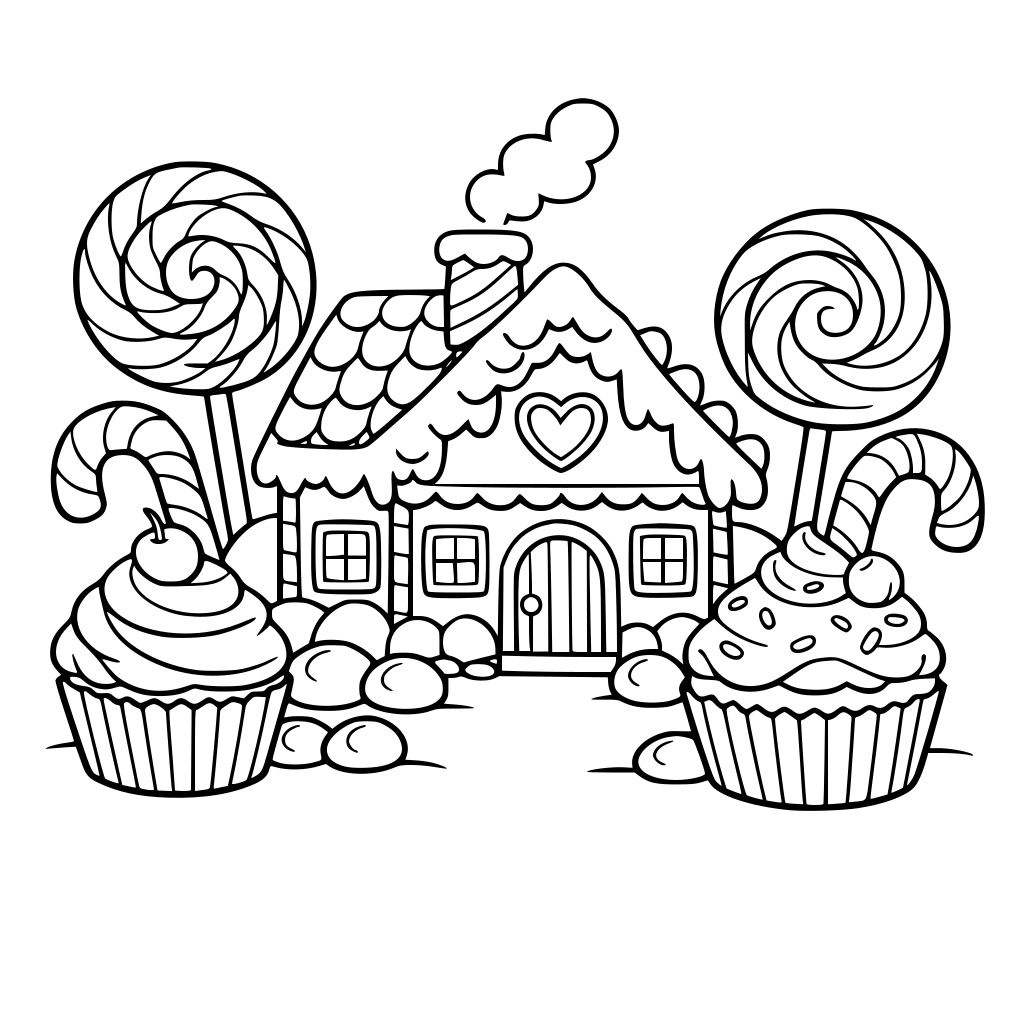 a candy world with giant lollipops, cupcakes, candy canes, and a gingerbread house.