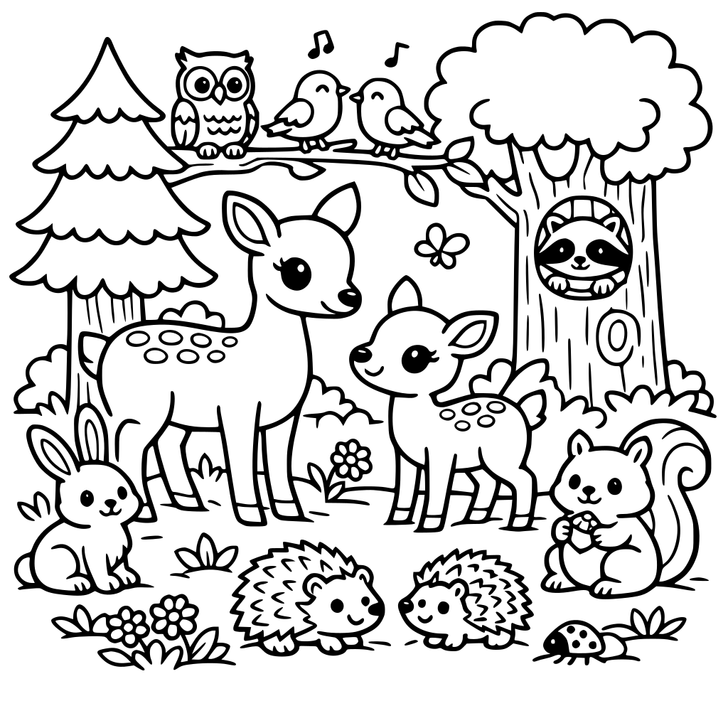 Create a cute forest page with trees, birds, deer and other animals