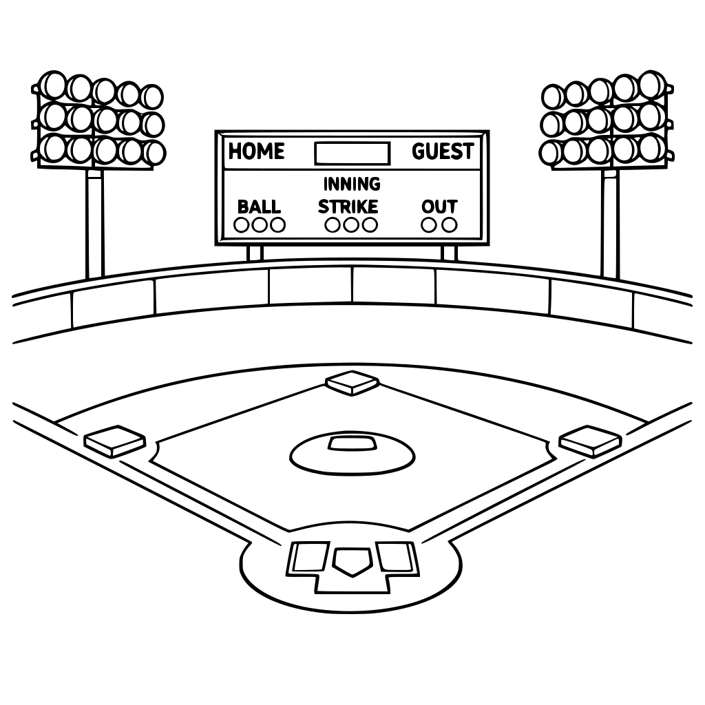 illustration of a softball field with stadium lights and electronic score board with correct field layout of bases around field