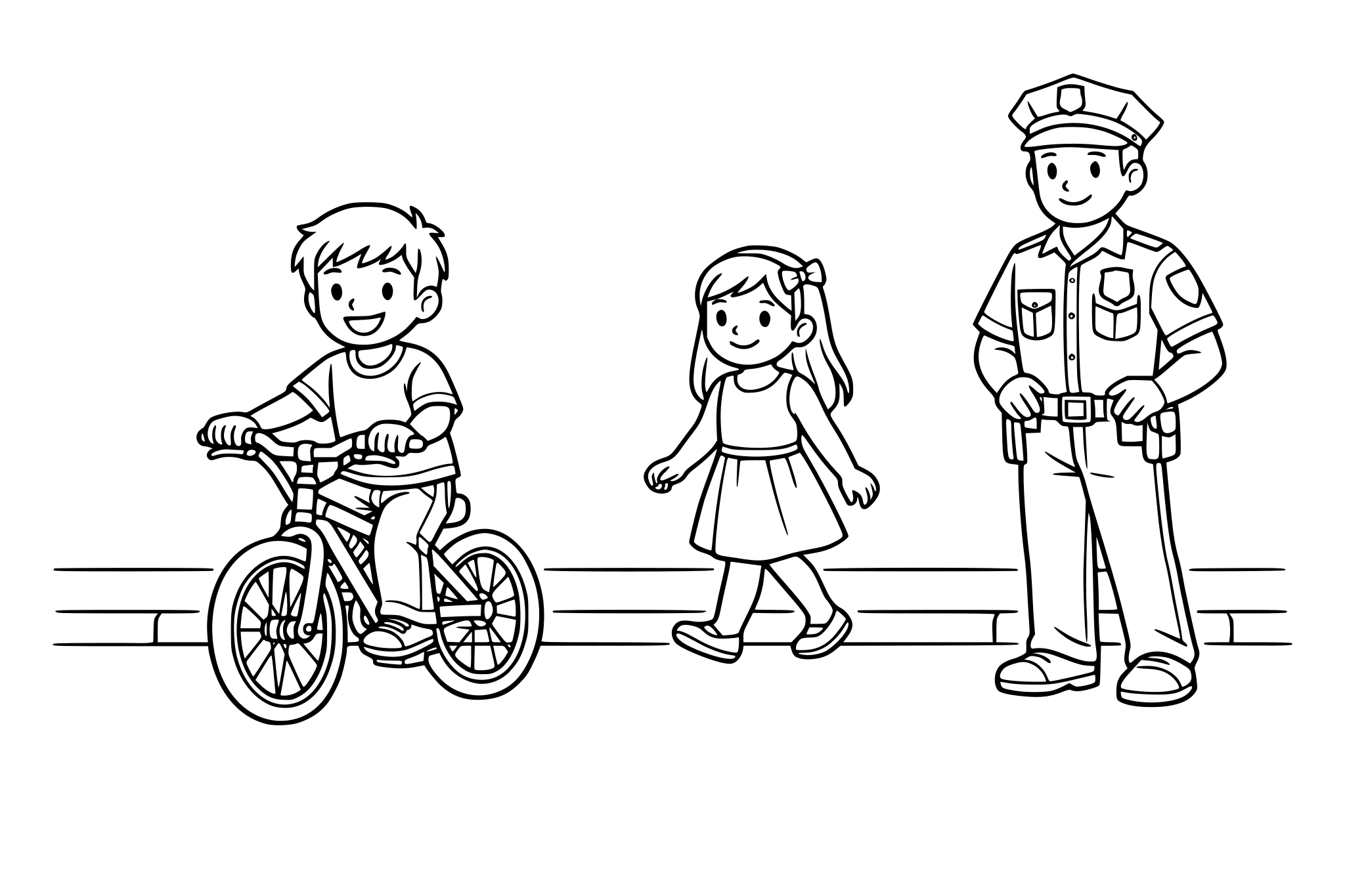 Cậu bé đạp xe trên đường, mặc một chiếc áo phông và quần jeans. Trên vỉa hè, một cô bé đi bộ, mặc váy. Một chú cảnh sát đang đứng ven đường. Trời nắng.