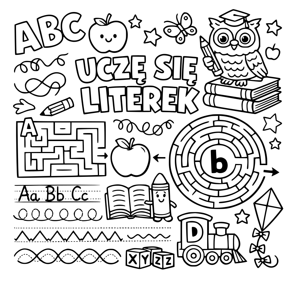 uktówrz okładkę z labiryntami i nauką liter?alfabetu, ślaczki literek itp. Okładka ma być bardzpo kolorowa i czytelna