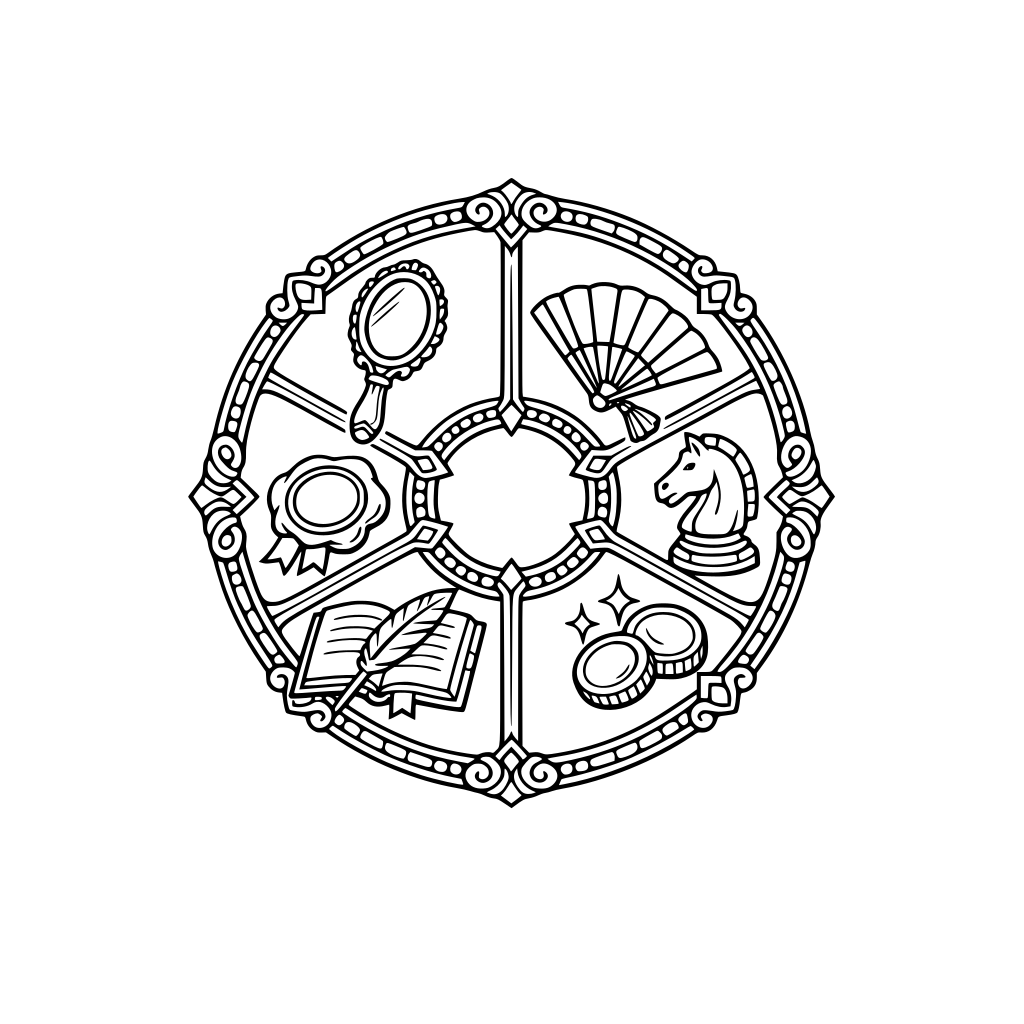 ornate medallion divided into 6 thick segments; icons: hand mirror, fan, chess knight, wax seal, quill+ledger, coin sparkle; thick outlines; no shading; no text.