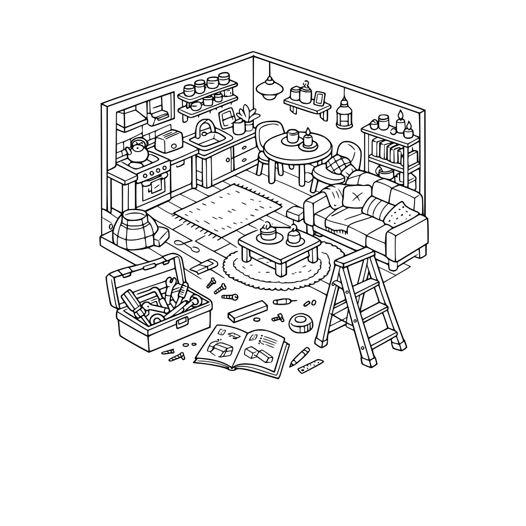 hygge style, cute and cozy, 3d isometric, apartment, Toolbox open, ladder nearby, instruction manual open. no characters, no animals, a little messy
