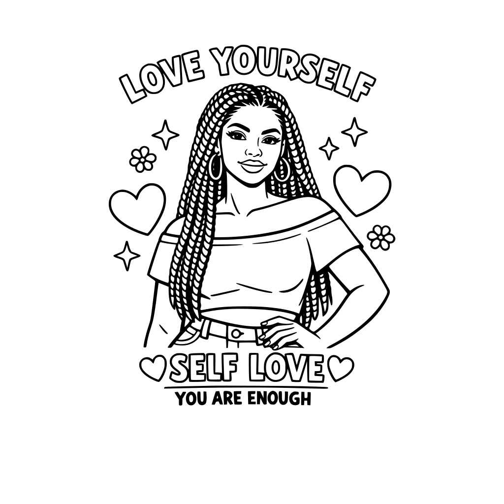 _ black and white coloring page of a woman with braids looking confident, bold outlines, no gray shading, clean white background. -self-love themed coloring book page, woman with natural hair, clean line art, thick lines.