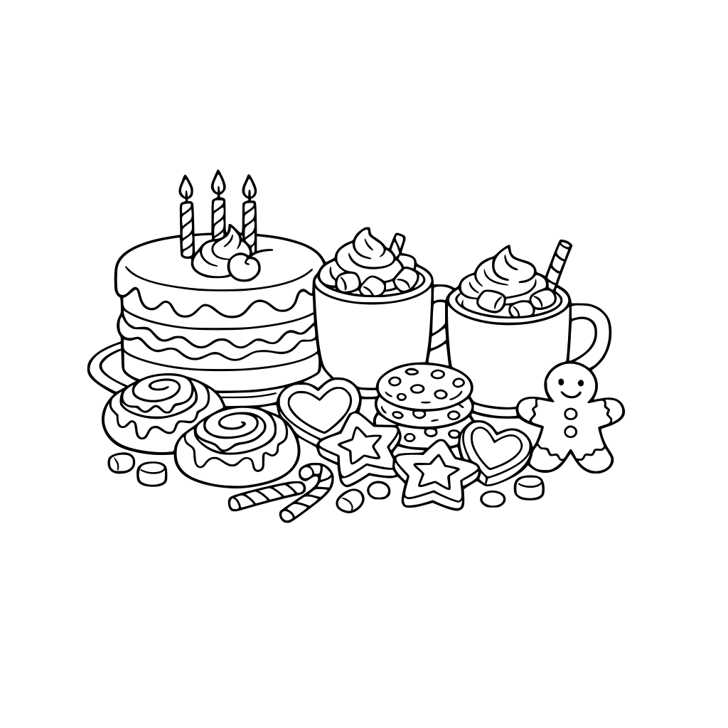 dessin au trait simple d'un coloriage de gateau, brioches, biscuits et tasses de chocolat chaud avec chantilly