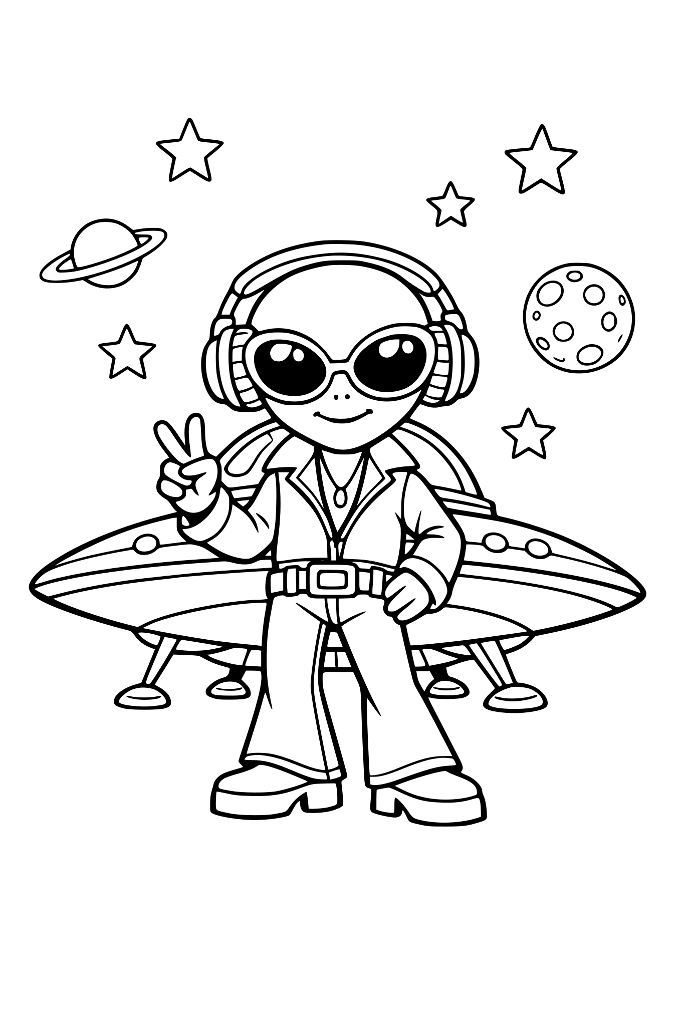 retro funky alien standing in front of his spaceship with headphones on