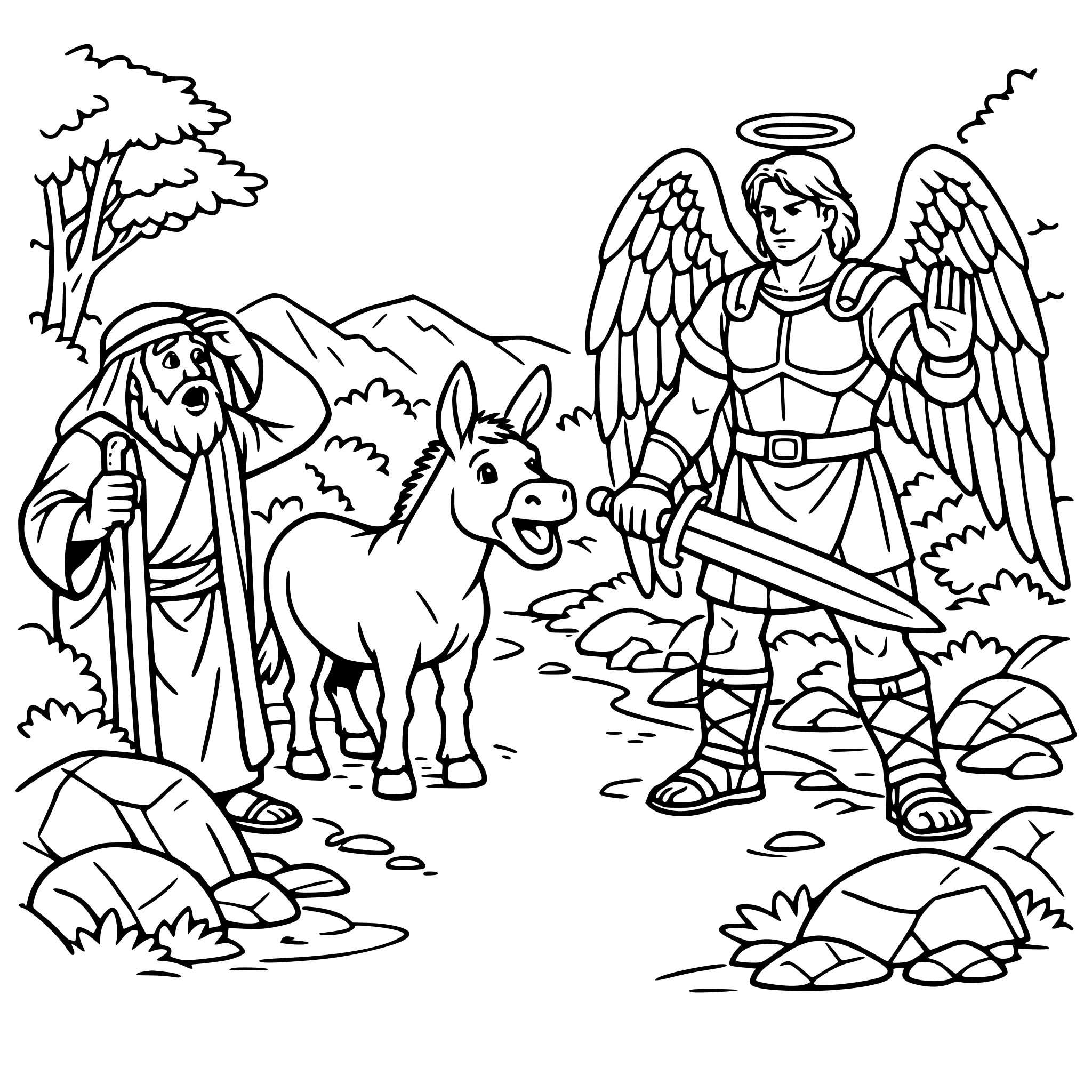 create a scene with a talking donkey standing in the middle of the path, have a strong looking angel blocking the path and an old Bible man looking suprised. Include landscape elements such as rocks and trees