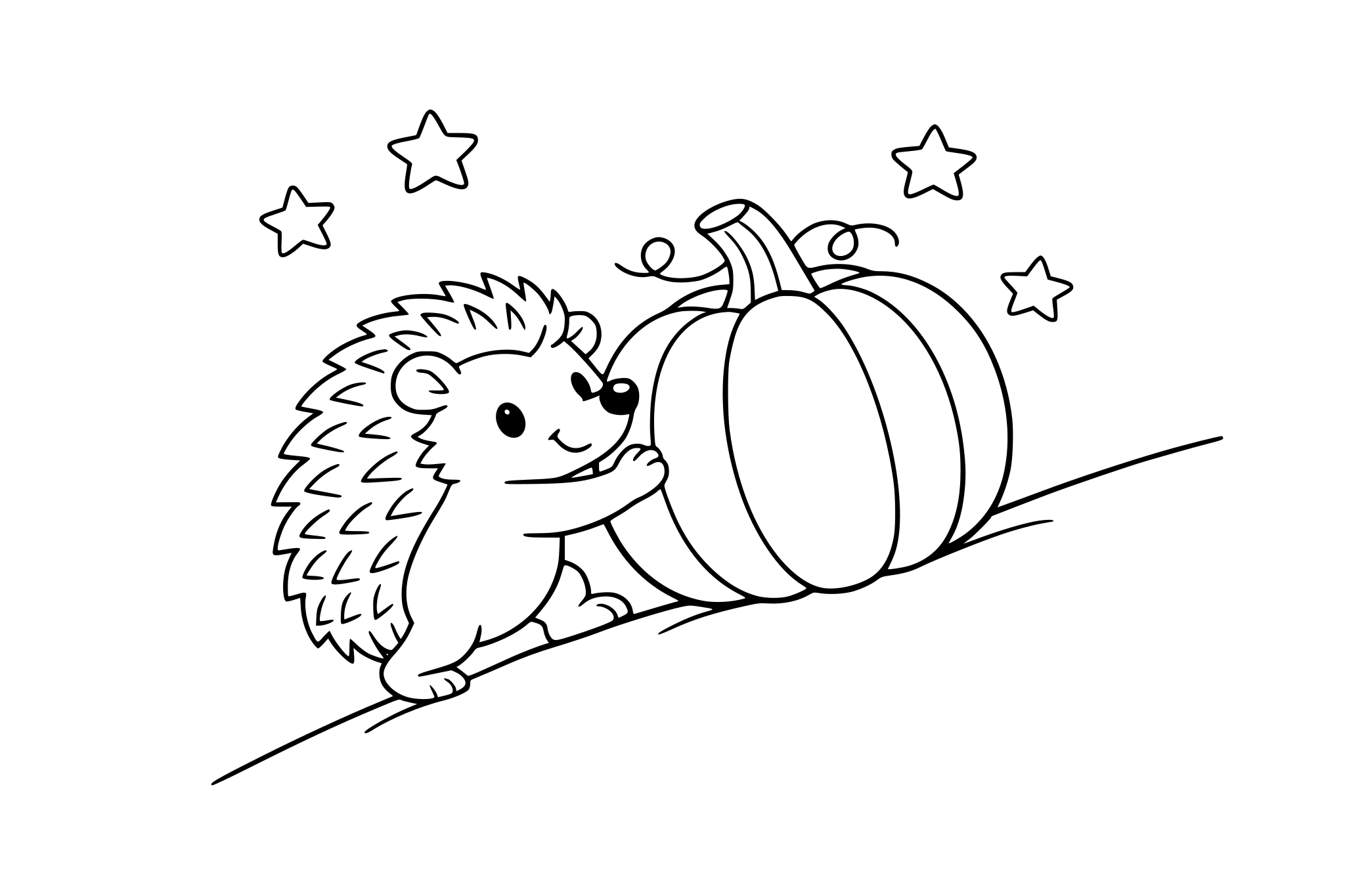 Hedgehog rolling a pumpkin uphill. Keep rounded shapes + minimal line weight variation.