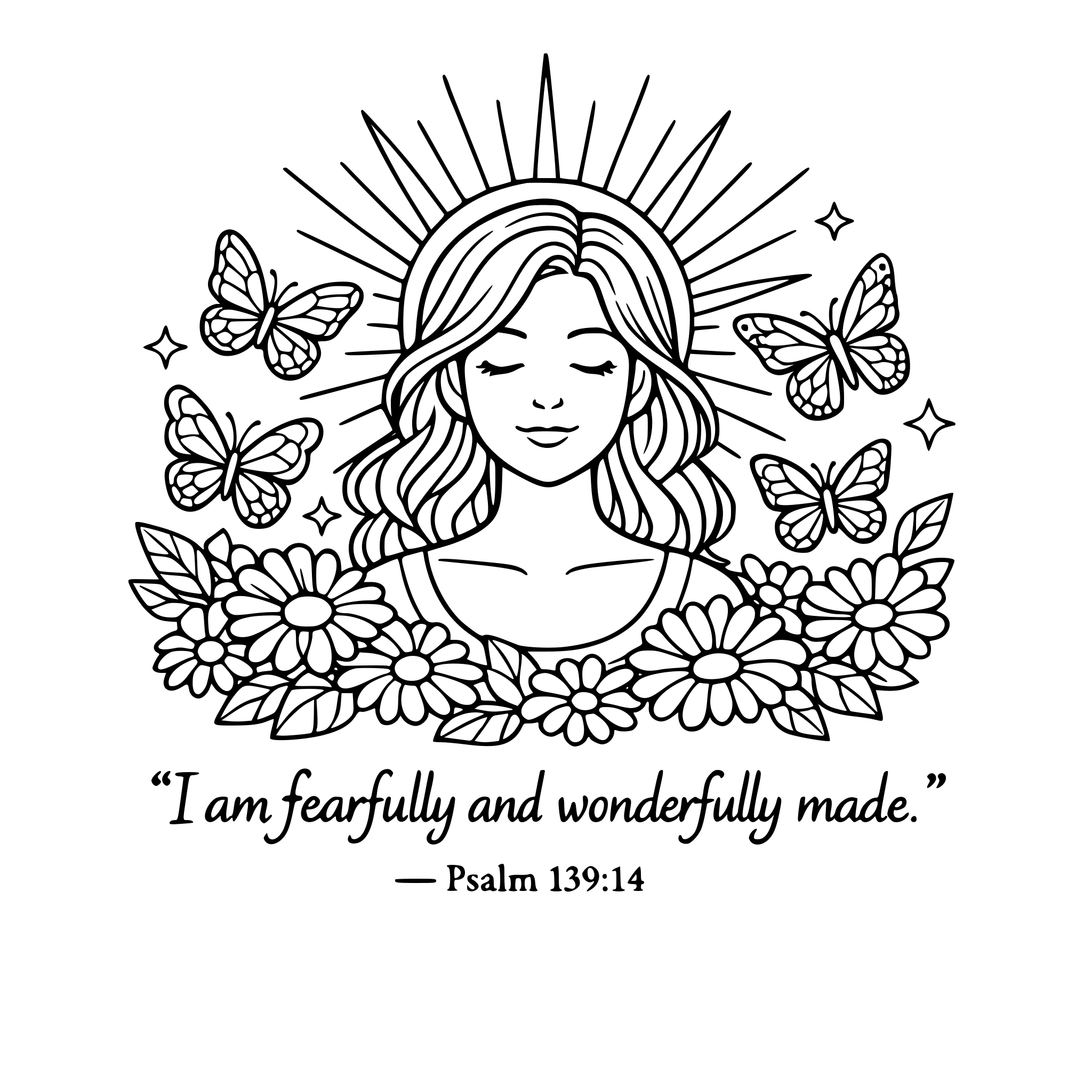 2. Fearfully Made Verse: “I am fearfully and wonderfully made.” — Psalm 139:14 Image idea • Butterflies • Flowers • Person with sun rays around them