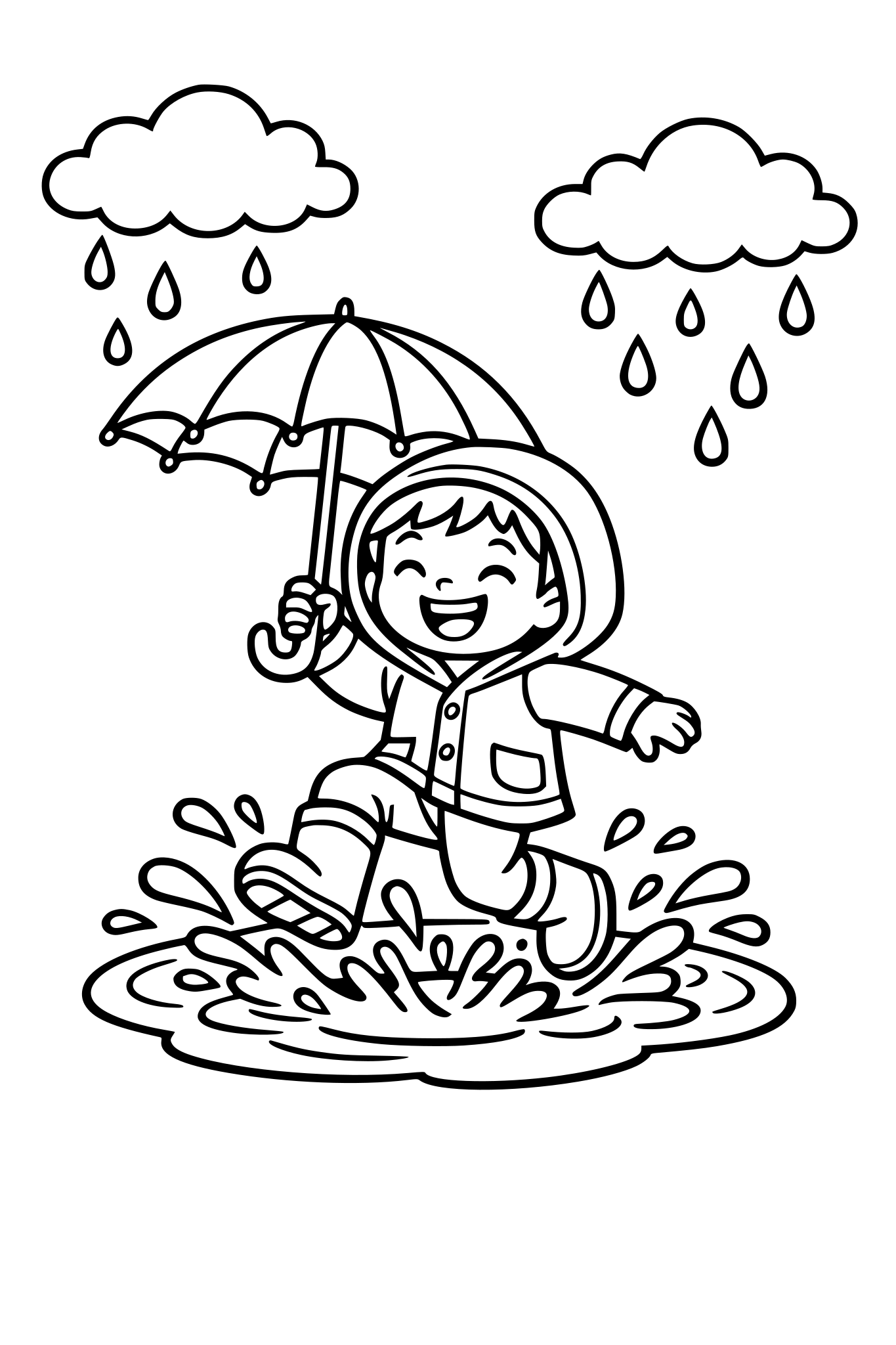 cute kids coloring page, happy child wearing rain boots jumping in big puddles, holding an umbrella, raindrops falling from clouds, splashes of water around, simple shapes, thick outlines, black and white kids coloring page