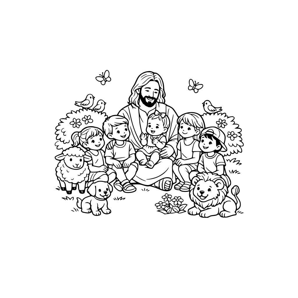 Um jardim, em que uma menina de 1 ano está sentada com crianças de várias idades, e Jesus está com eles. A cena retrata um jardim do céu onde tem animaizinhos do lado como ovelha, leão, passarinhos, cachorros com eles.