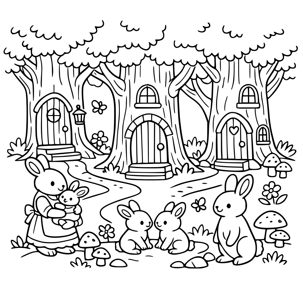 forest where the trees has small doors indicating that rabbits family's live there