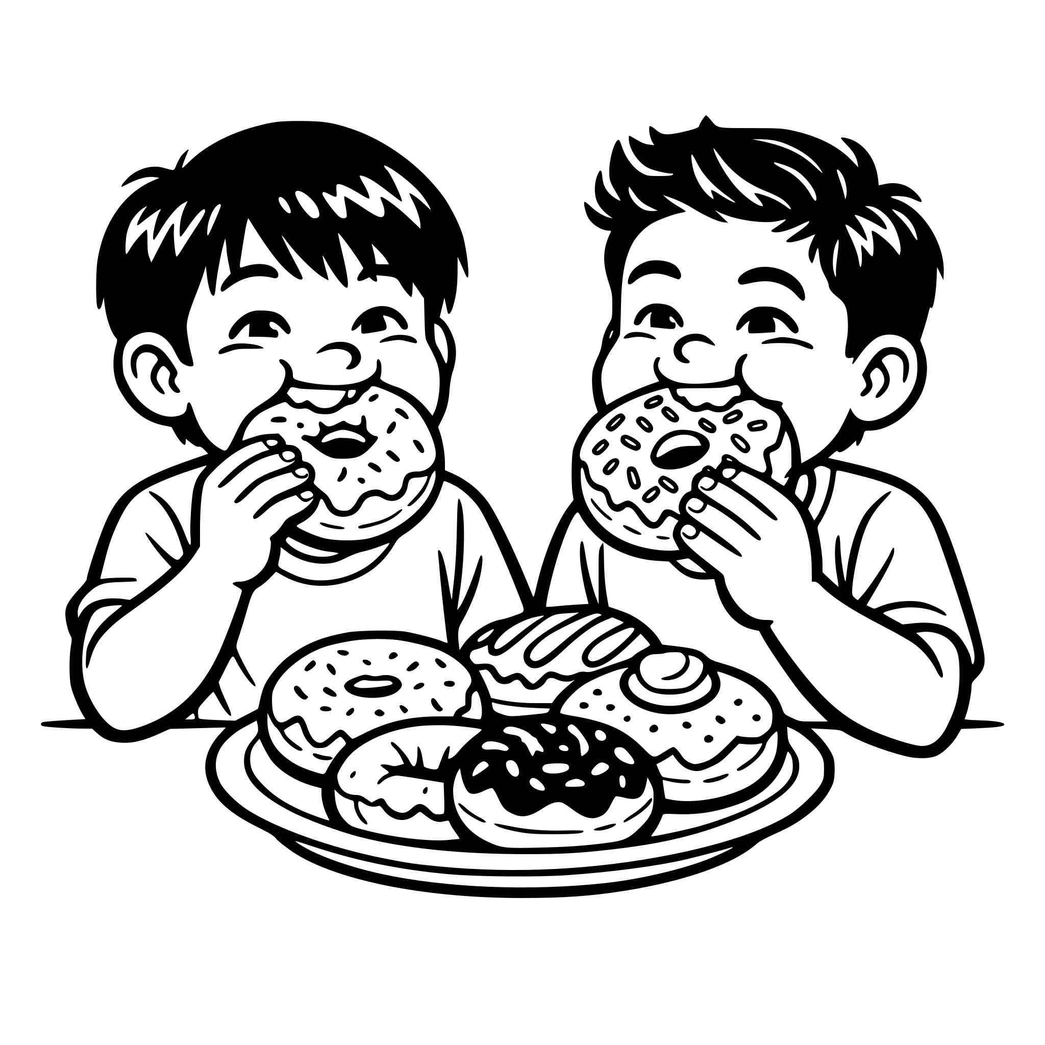 Create an image of an asian boy and latino boy eating a plateful of big donuts. Their mouths are full chewing. White background, isolated.