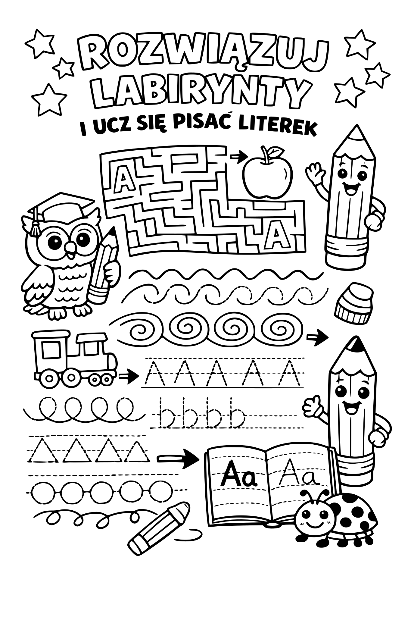 zrób okładkę do książeczki dla dzieci pod tytułem ROZWIĄZUJ LABIRYNTY I UCZ SIĘ PISAĆ LITEREK. Okładka ma być bardzo kolorowa i nawiązywać do labirytów i nauki pisania literek po ślaczkach