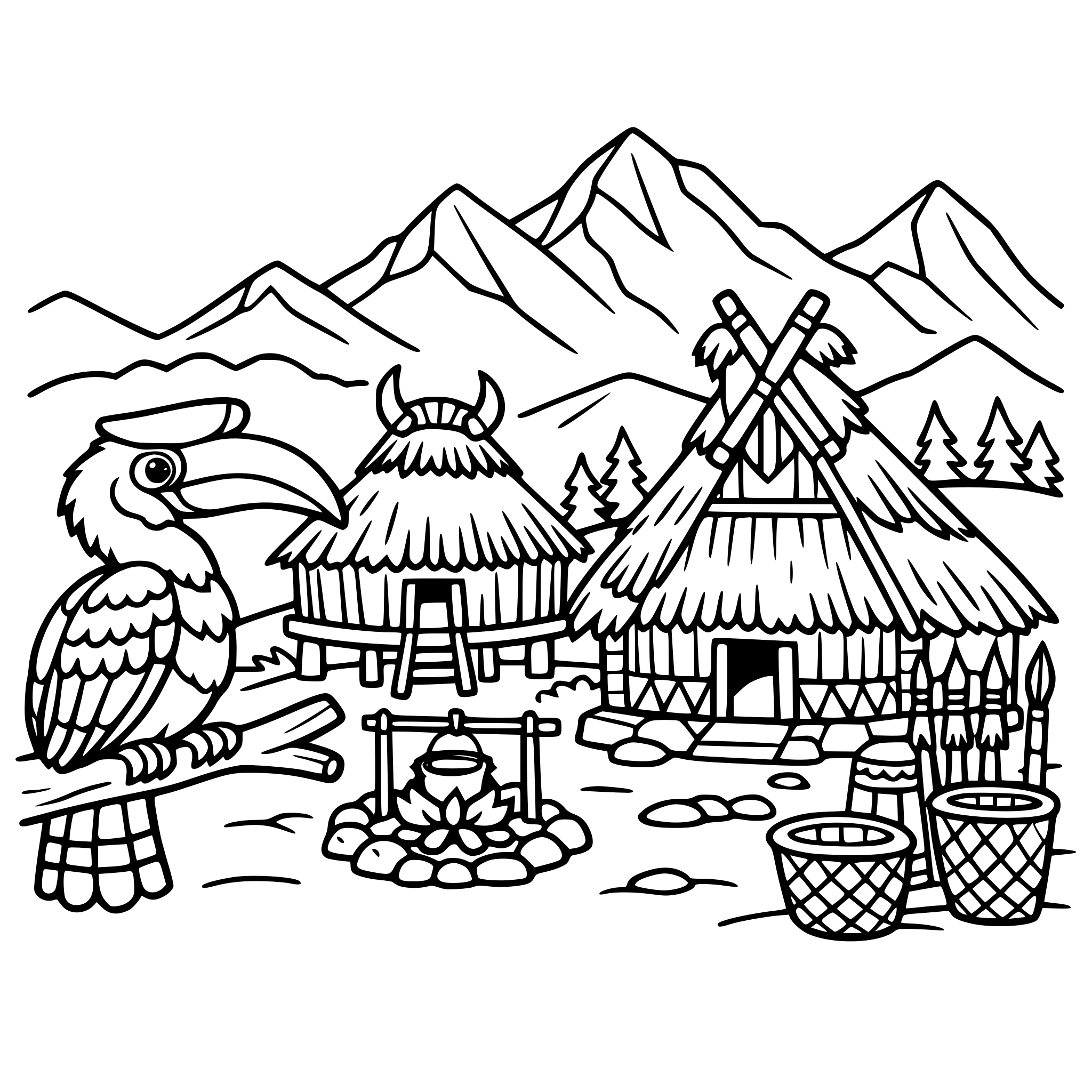 Cute cozy simple Nagaland Tribal village scene with traditional huts, hornbill bird, and mountains.