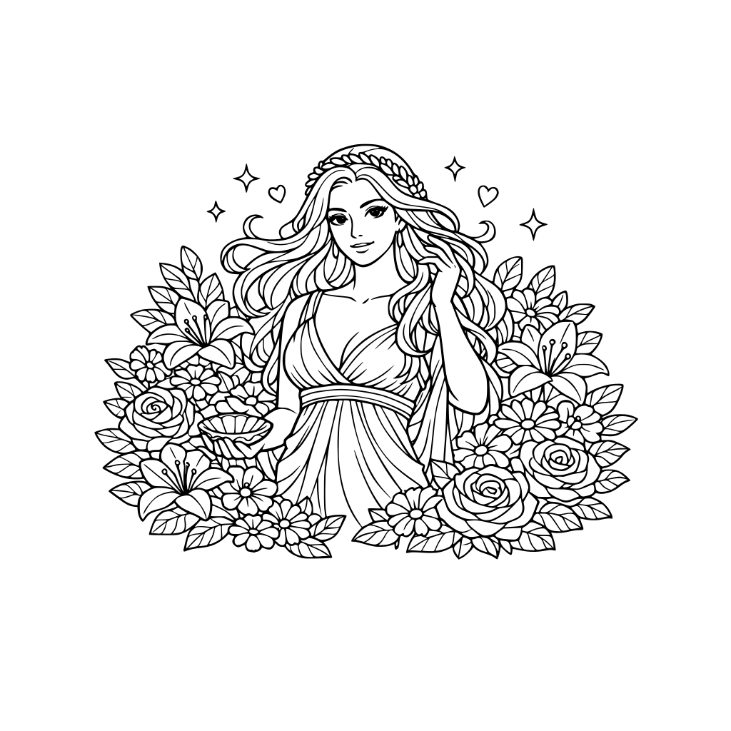 por favor dibuja a la diosa afrodita, rodeada de bellas flores
