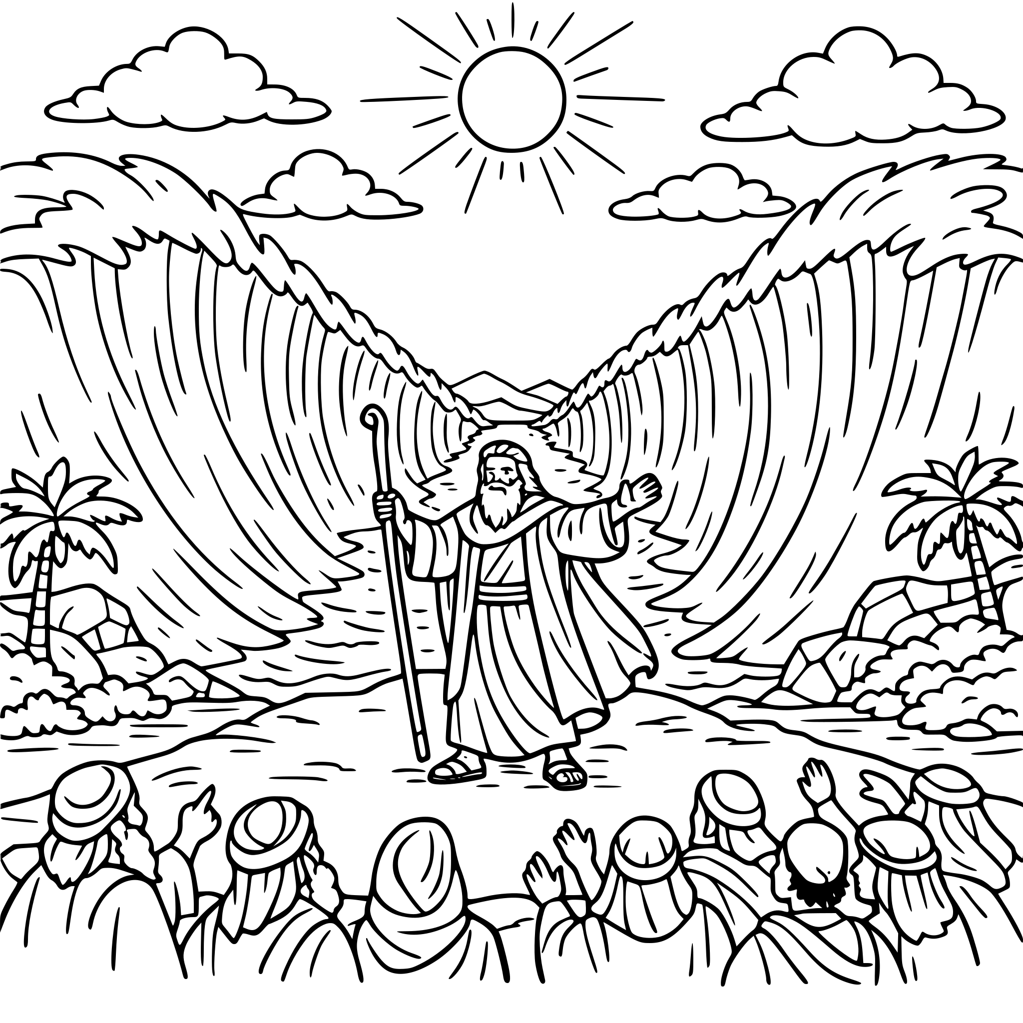 Moses parts the red sea, draw moses holding his staff while standing on dry ground with water being parted tall on both sides; include a crowd on the shore watching in amazement. Include landscape elements like trees, clouds and a sun