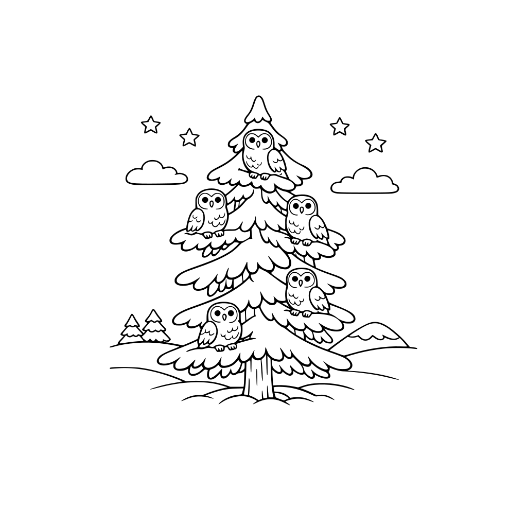 “Create a clean, black-and-white illustration for children. There is one tall, snow-covered pine tree in a winter landscape, with a small group of snowy owls perched on its branches.”