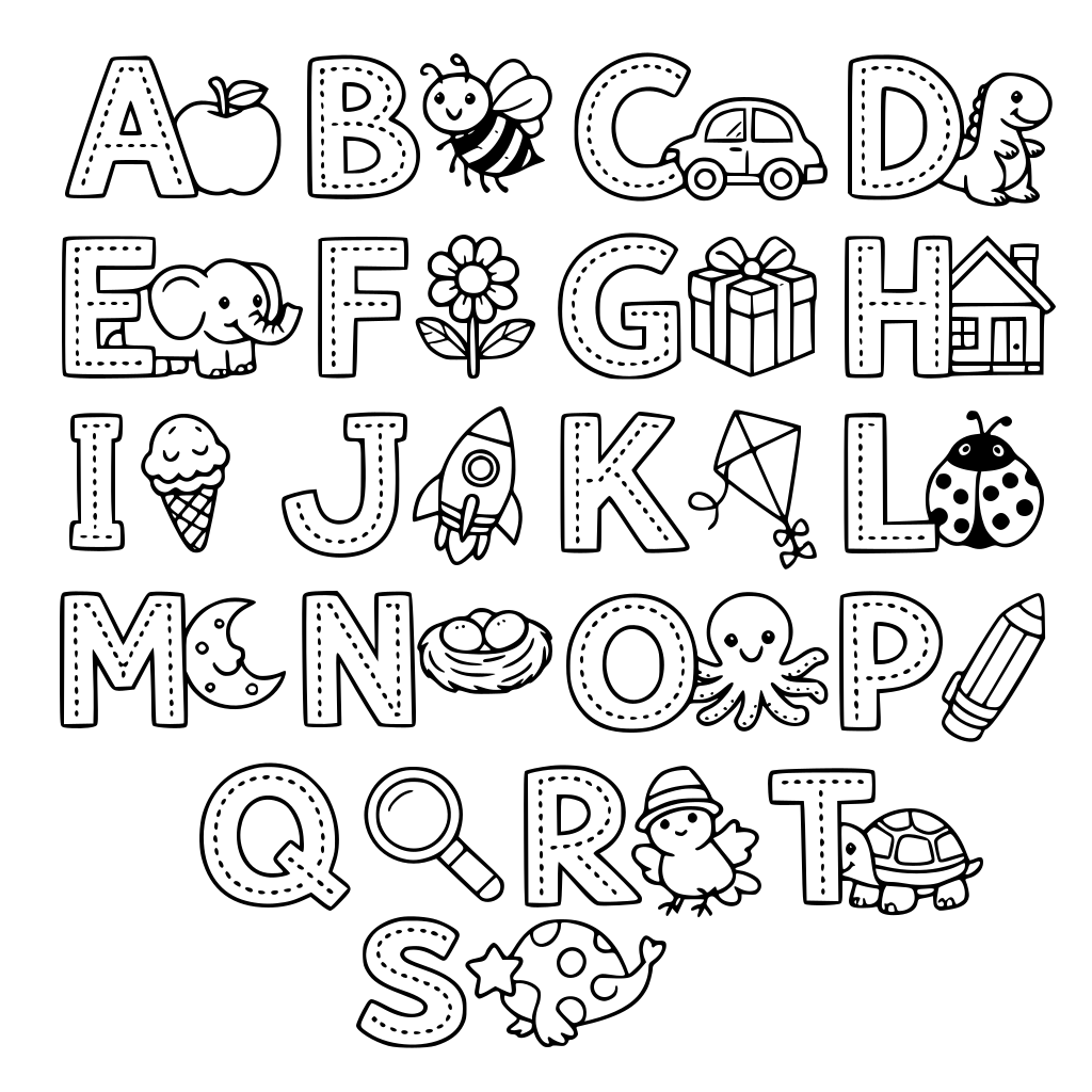 Uppercase Alphabet coloring book with tracing dotted letters