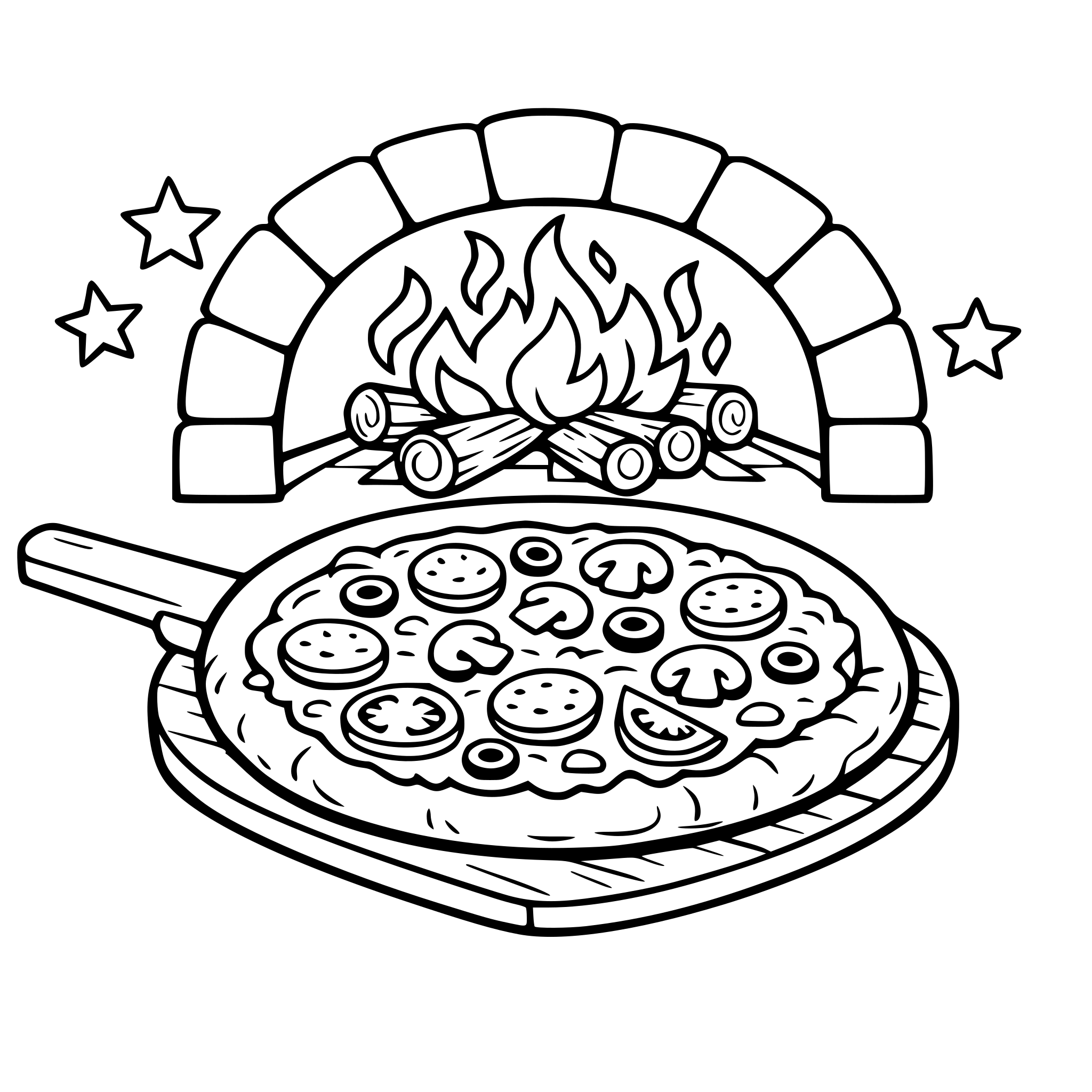 Crie o desenho de uma pizza saindo do forno a lenha