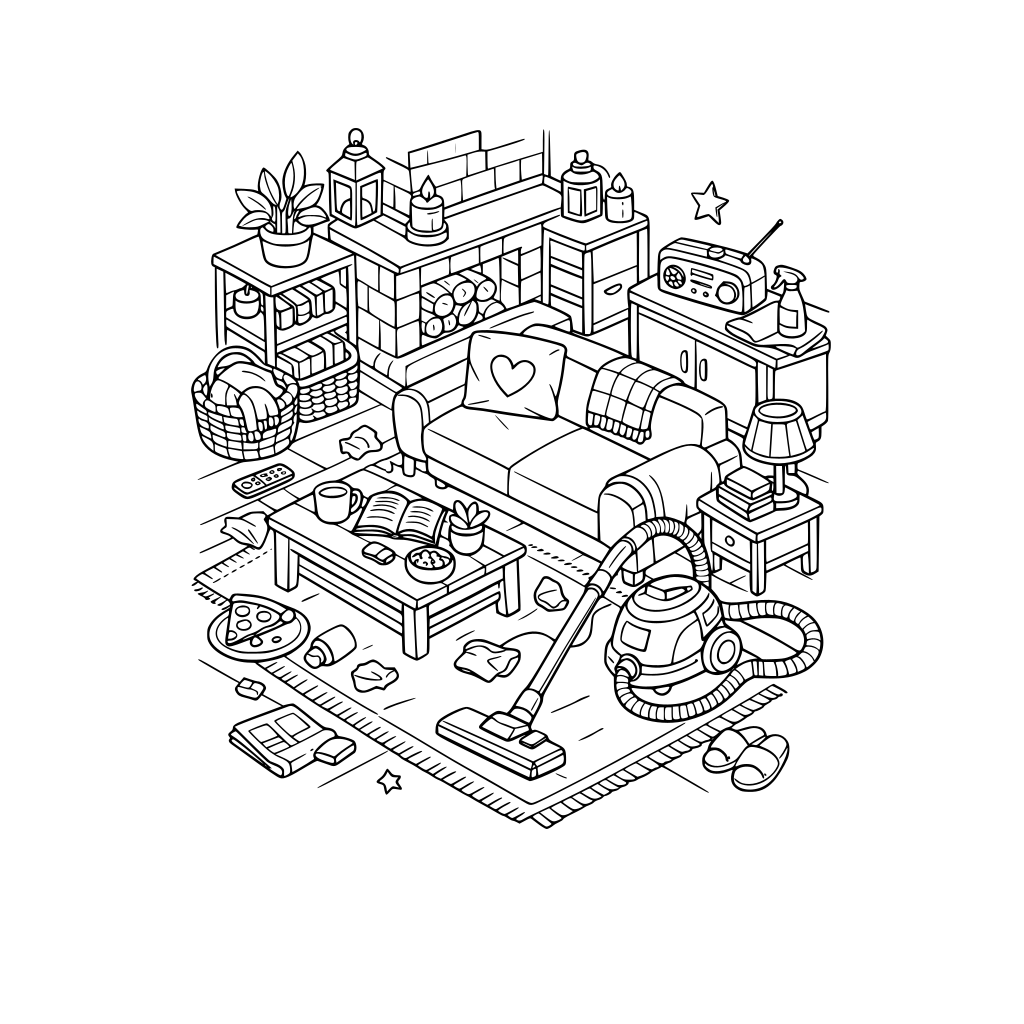 hygge style, cute and cozy, 3d isometric, cleaning the house scene, vacuum cleaner, slightly messy living room, no characters, no animals