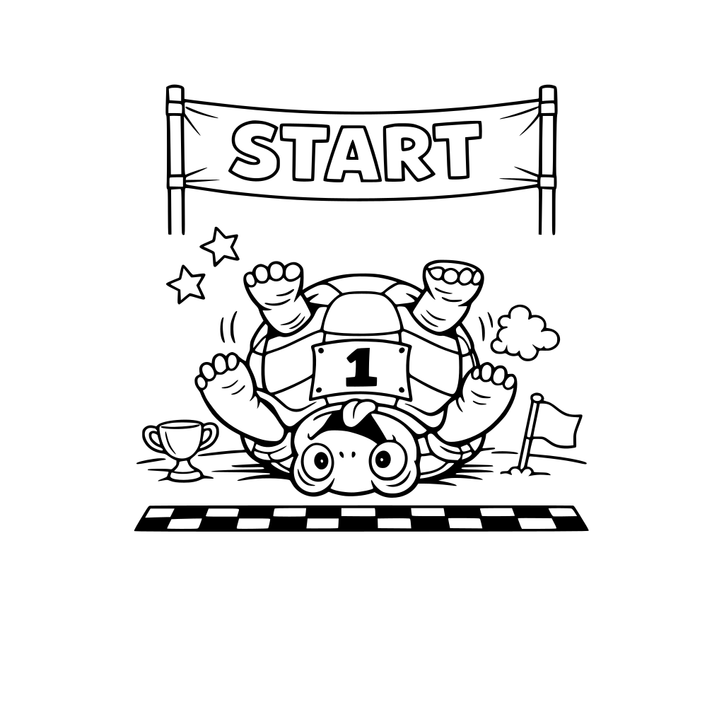 A funny turtle who entered a race and is stuck upside down on the starting line.