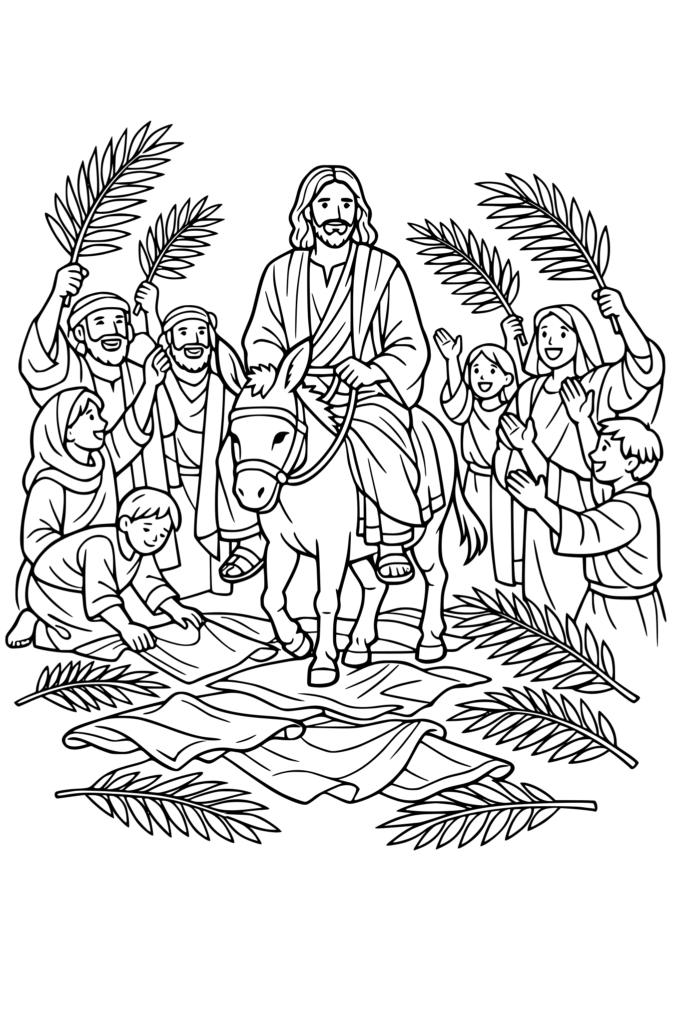 Jesus on a donkey being worshiped by a crowd, palm branches and cloaks on the ground to be walk on