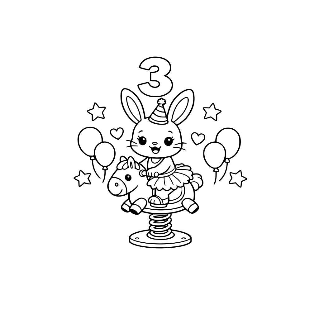 Bunny girl on a spring toy (bouncy ride), wearing a tutu, simple party hat, big number 3 at top