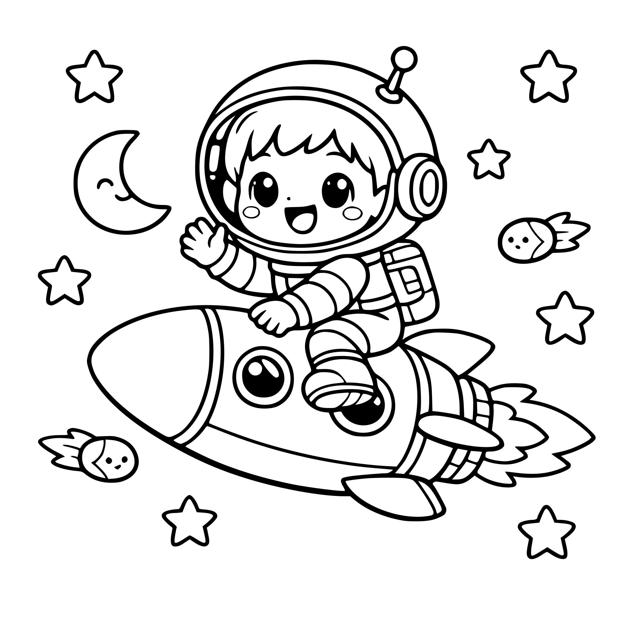 Happy child astronaut riding on top of a rocket like a toy, flying through stars, playful kawaii style