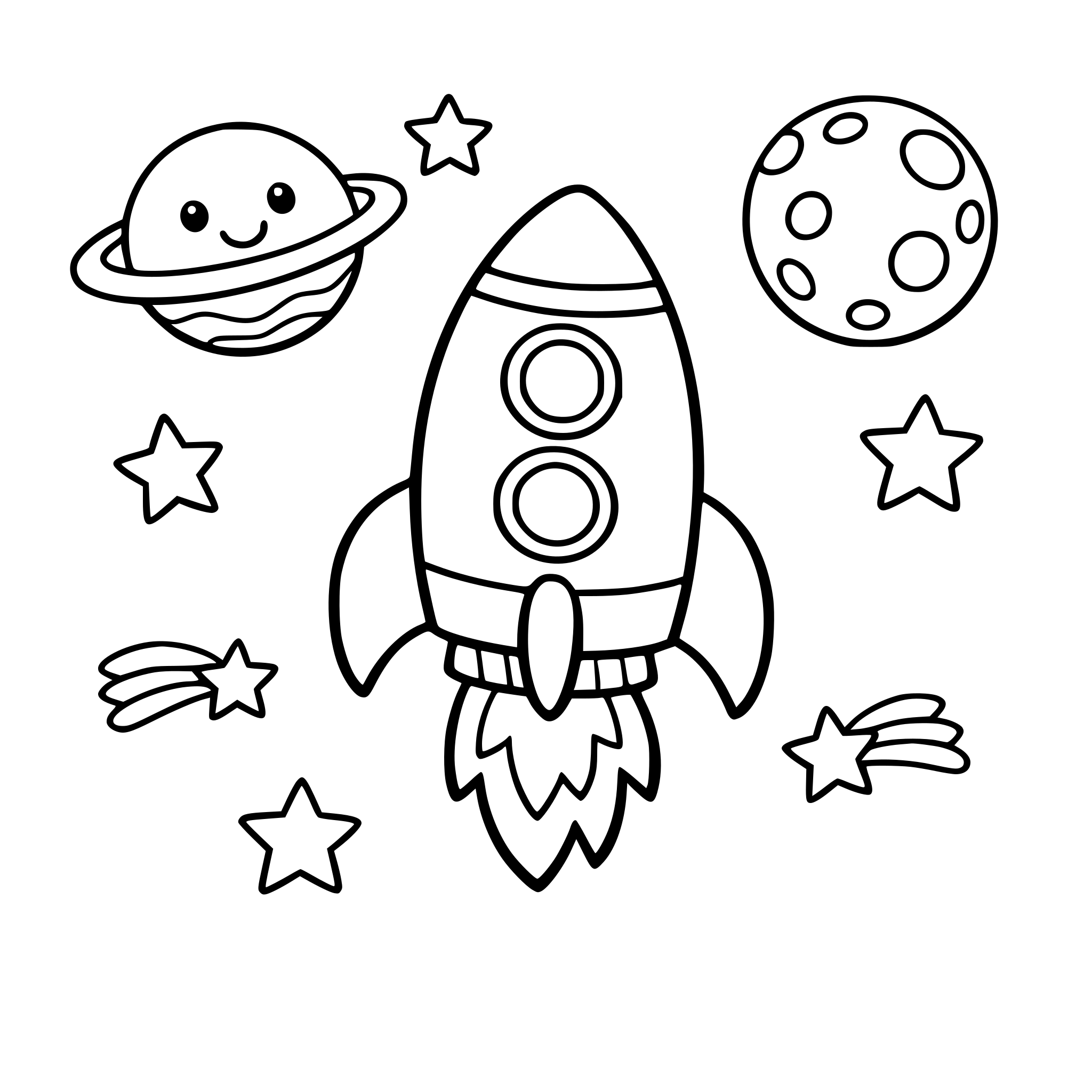 Simple black and white colouring page for kids, thick bold outlines, no shading, clean line art, large spaces for colouring, cartoon style, printable colouring book page, white background.