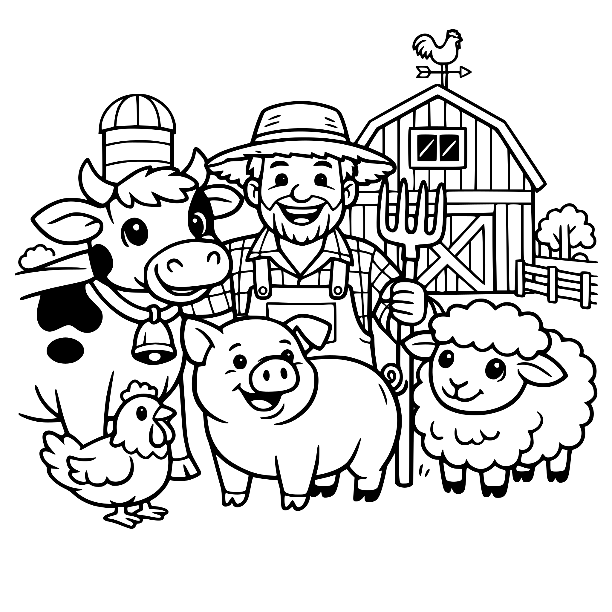 Happy farmer surrounded by cow, pig, chicken and sheep with the background of farm and barn