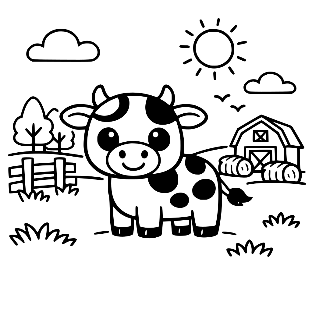 Cute cartoon cow standing in a farm field, big round eyes, smiling face, simple shapes, thick black outlines, no shading, white background, kid-friendly colouring book style