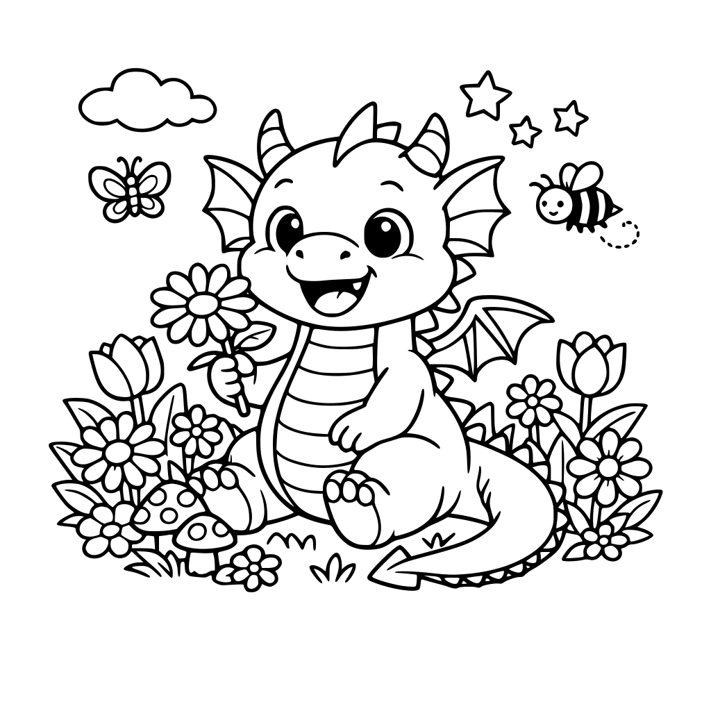 Un simpático dragón en un jardín con flores