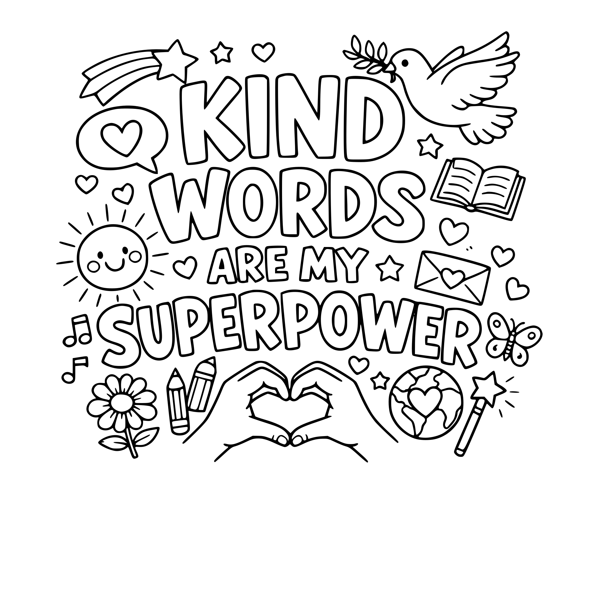 "Kind words are my superpower" coloring letters with items around the letters that work with the lettering.