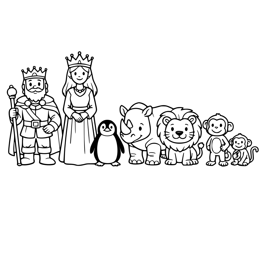 Un rey, una reina más alta, un pinguino, un tinoceronte, un leon y monos. Todos en fila