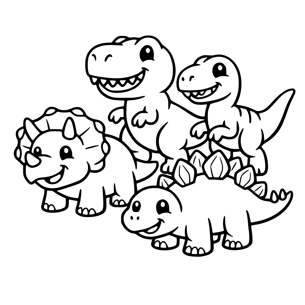 simple coloring page, smiling triceratops, t-rex, raptor and stegosaurus dinosaur, black and white line art, thick lines, no shading