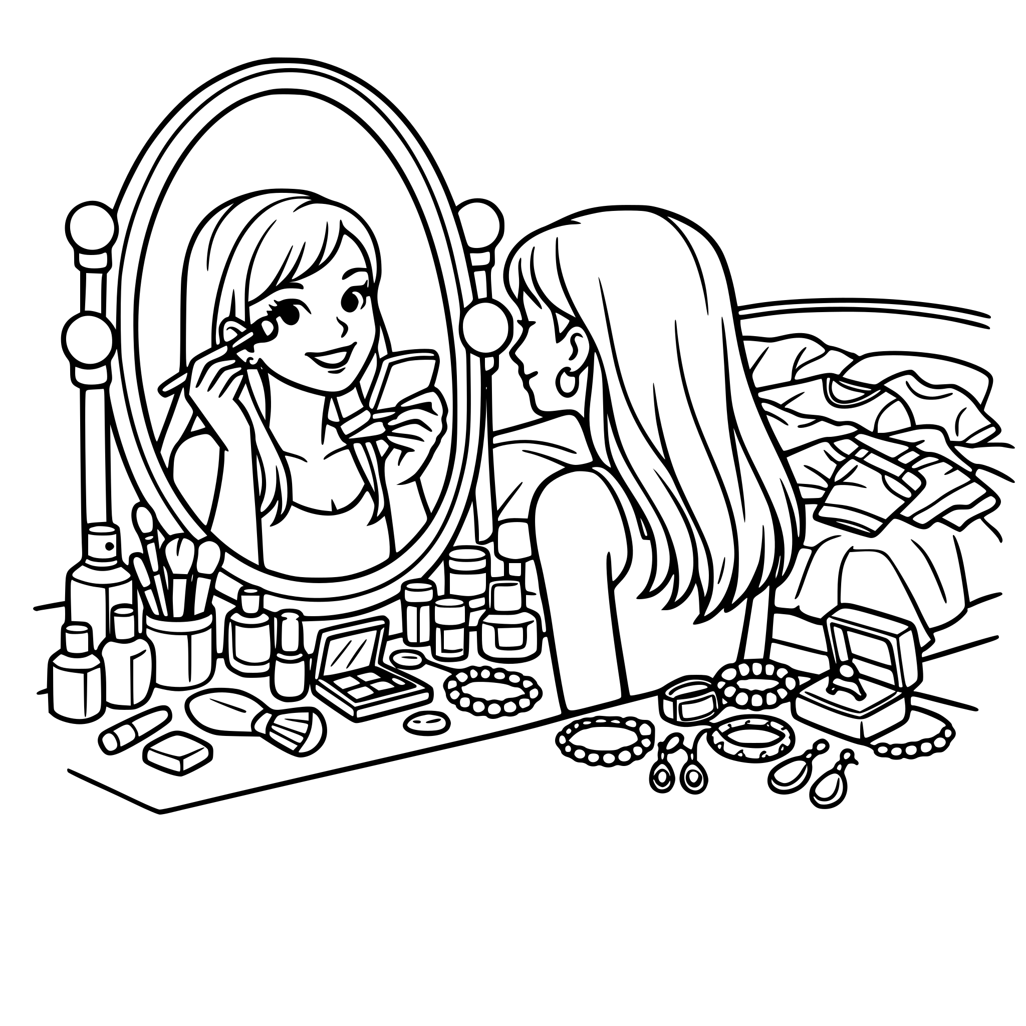 Dziewczyna malująca się przed toaletka, ma dużo kosmetyków i biżuterii obok a na łóżku za nią są ciuchy