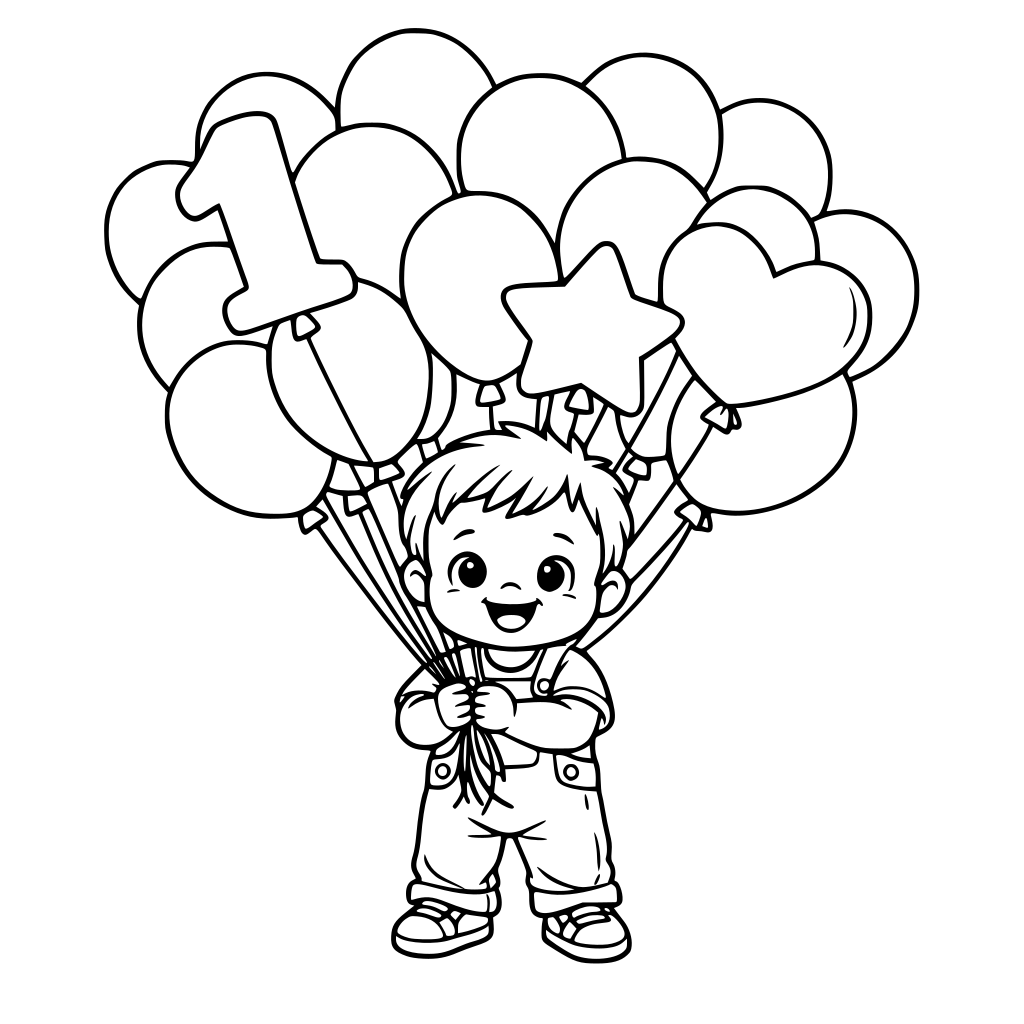 maak een kleurplaat van een jongen met een leeftijd van 1jaar en hij heeft heel veel ballonen vast