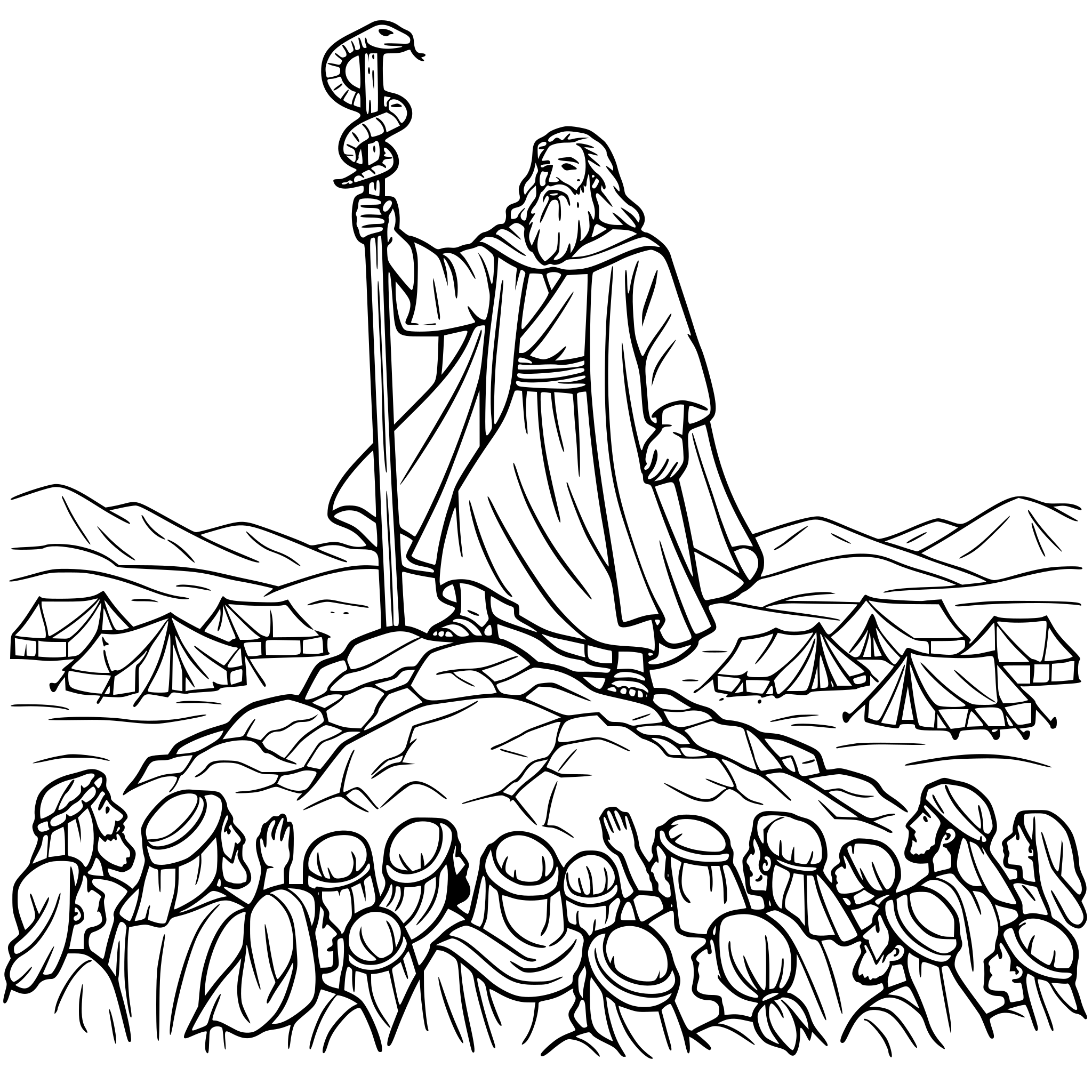 create a scene moses standing up on a hill, holding a staff with a bronze snake at the top. Include a crowd of Isrealite people at the bottom of the hill looking up at the staff moses is holding. include tents in the background of the picture. the scene takes place in the desert