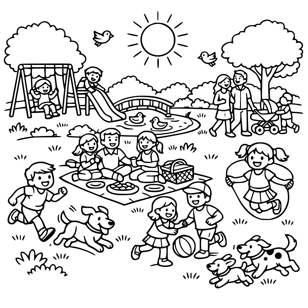 A beautiful detailed park where kids r playing dogs running and families having picnics the sun is shining everyone is in smile