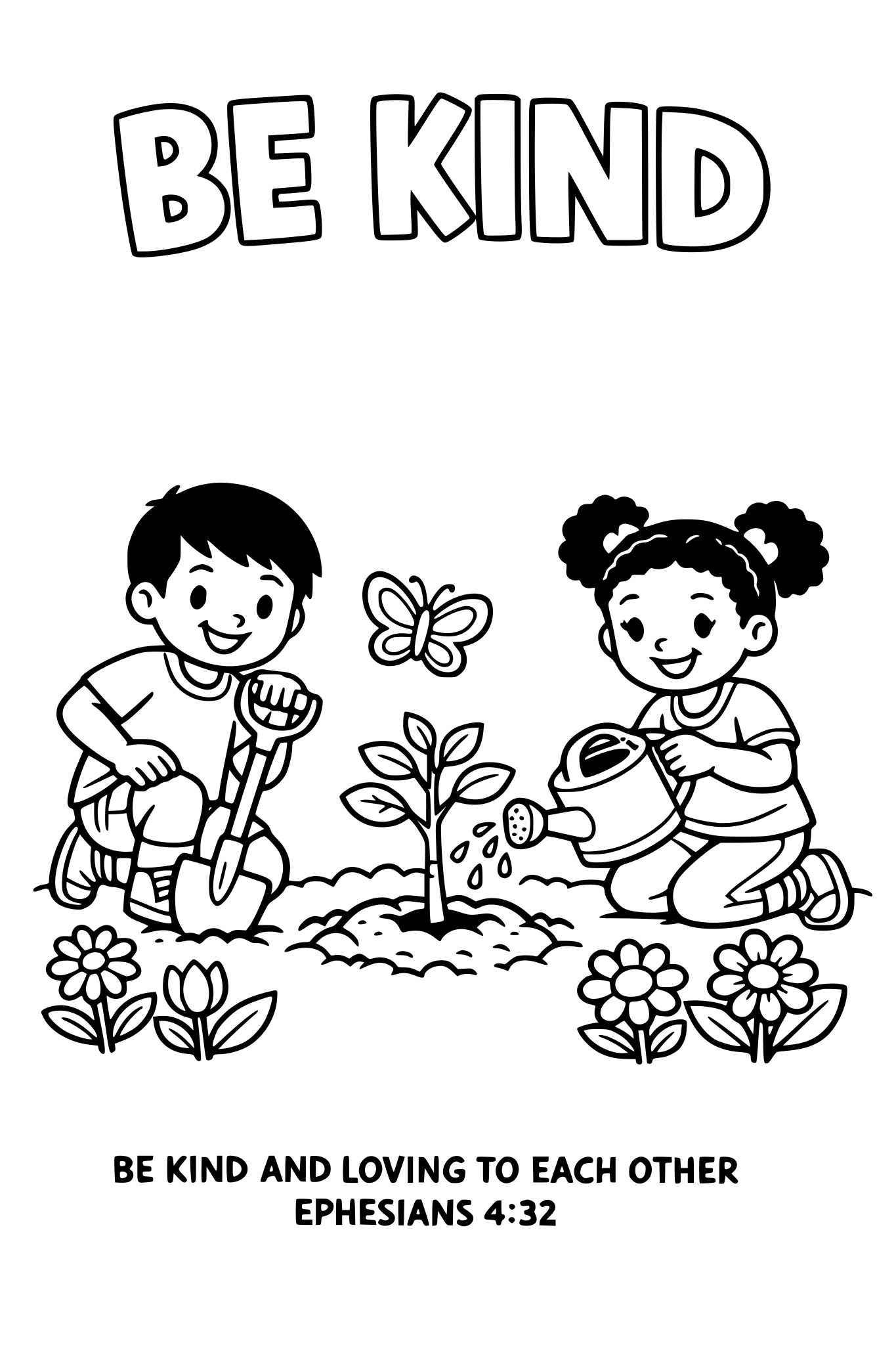 Black and white coloring page, simple kids line art, 2 child