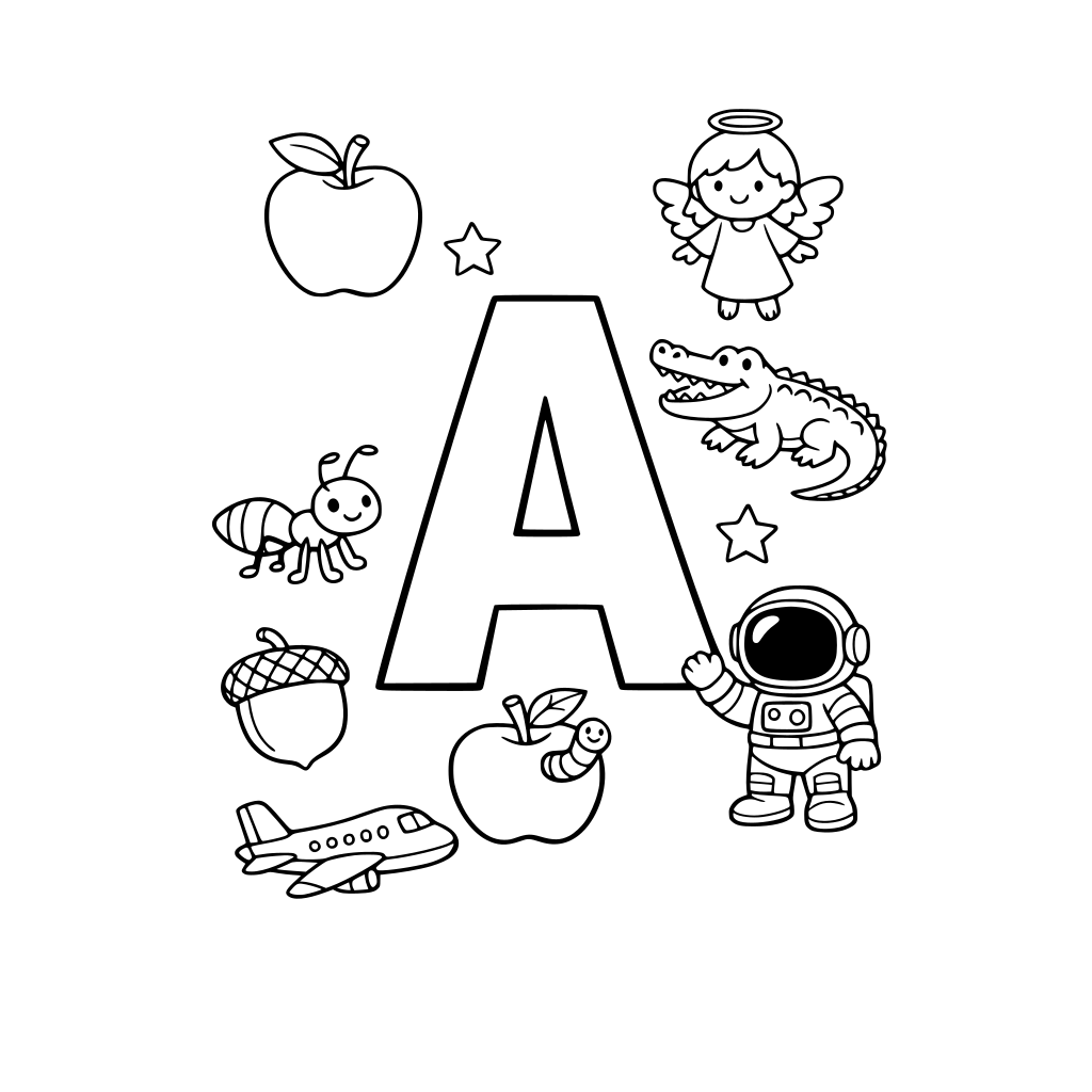 The letter A, surrounded by things that start with the letter a. It should be a cute coloring sheet for a preschool age child